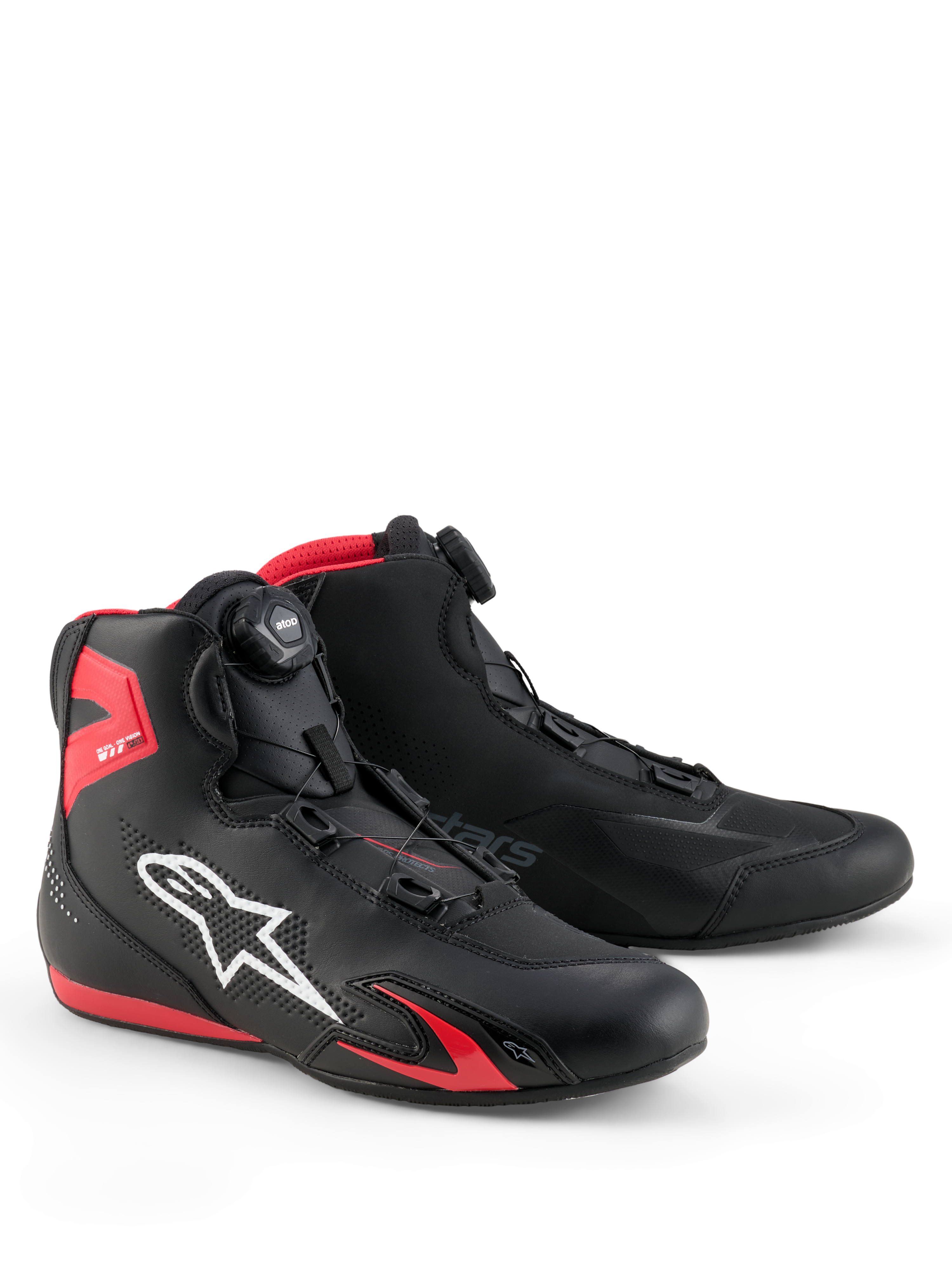 Alpinestars Celer-skor, motorcykelskor, svarta och klarröda, med vit Astars-logotyp, mikrometriskt rotorstängningssystem och teknisk mikrofiberkonstruktion med röda TPU-detaljer, strömlinjeformad sportig design för racing och gatkörning