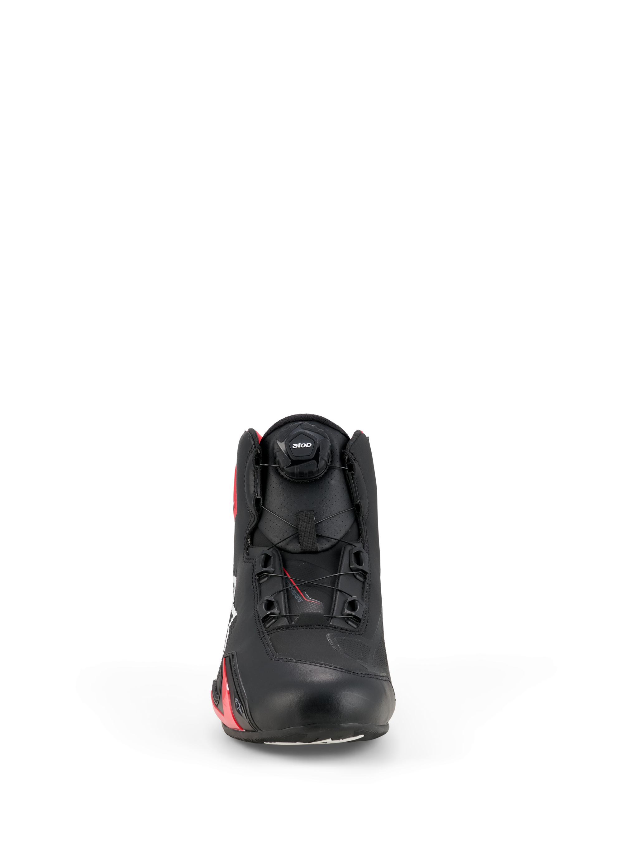 Alpinestars Celer Shoes, Motorcycle Riding Shoes, Black and Bright Red, front view featuring the Rotor closure system dial, technical microfiber upper, and streamlined racing-inspired design