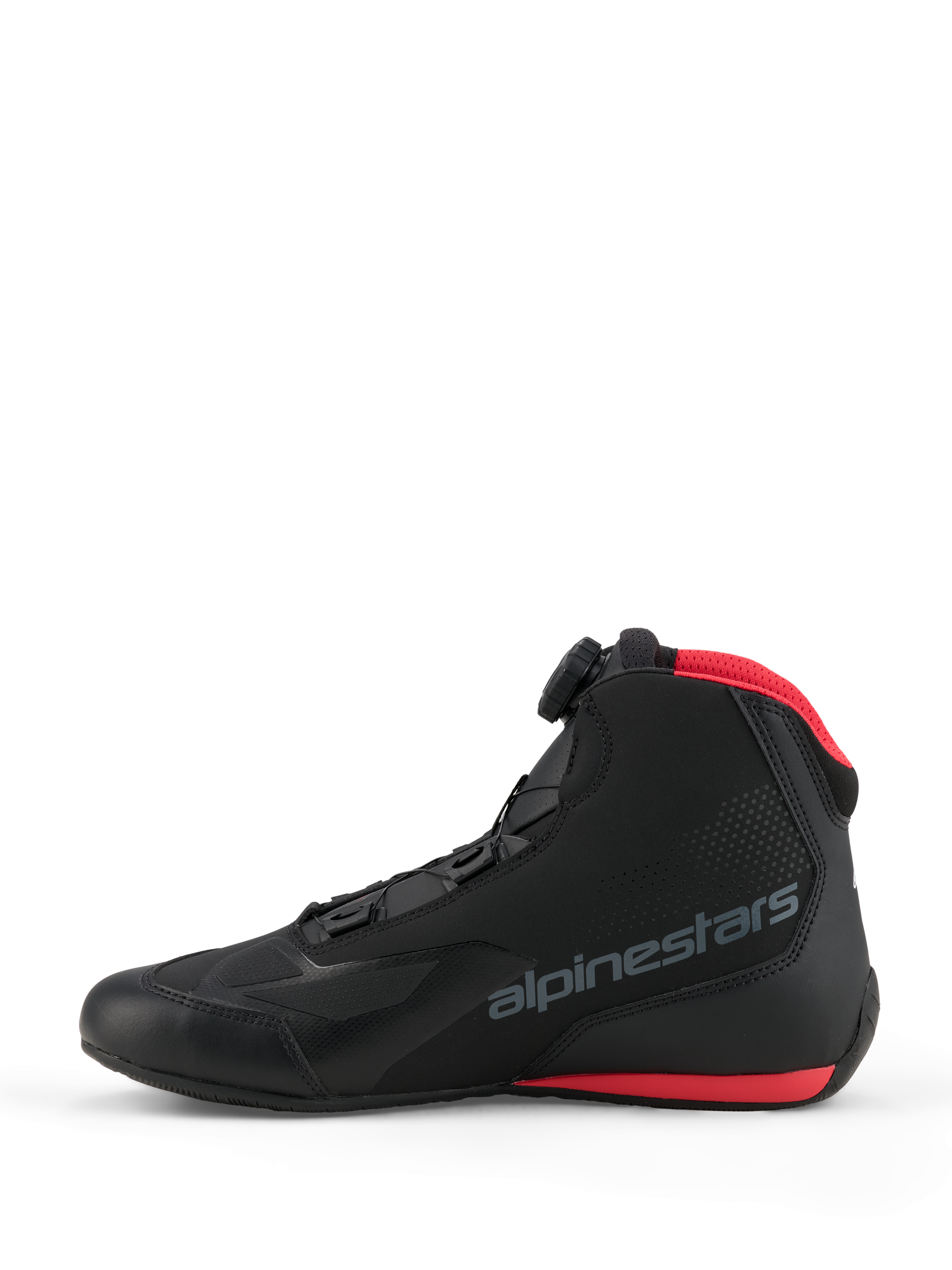 Alpinestars Celer Shoes, Motorcycle Riding Shoes, Black and Bright Red, side profile view featuring the Alpinestars Rotor closure dial, microfiber upper with grey branding logo, and red accents on the mesh collar and sole.