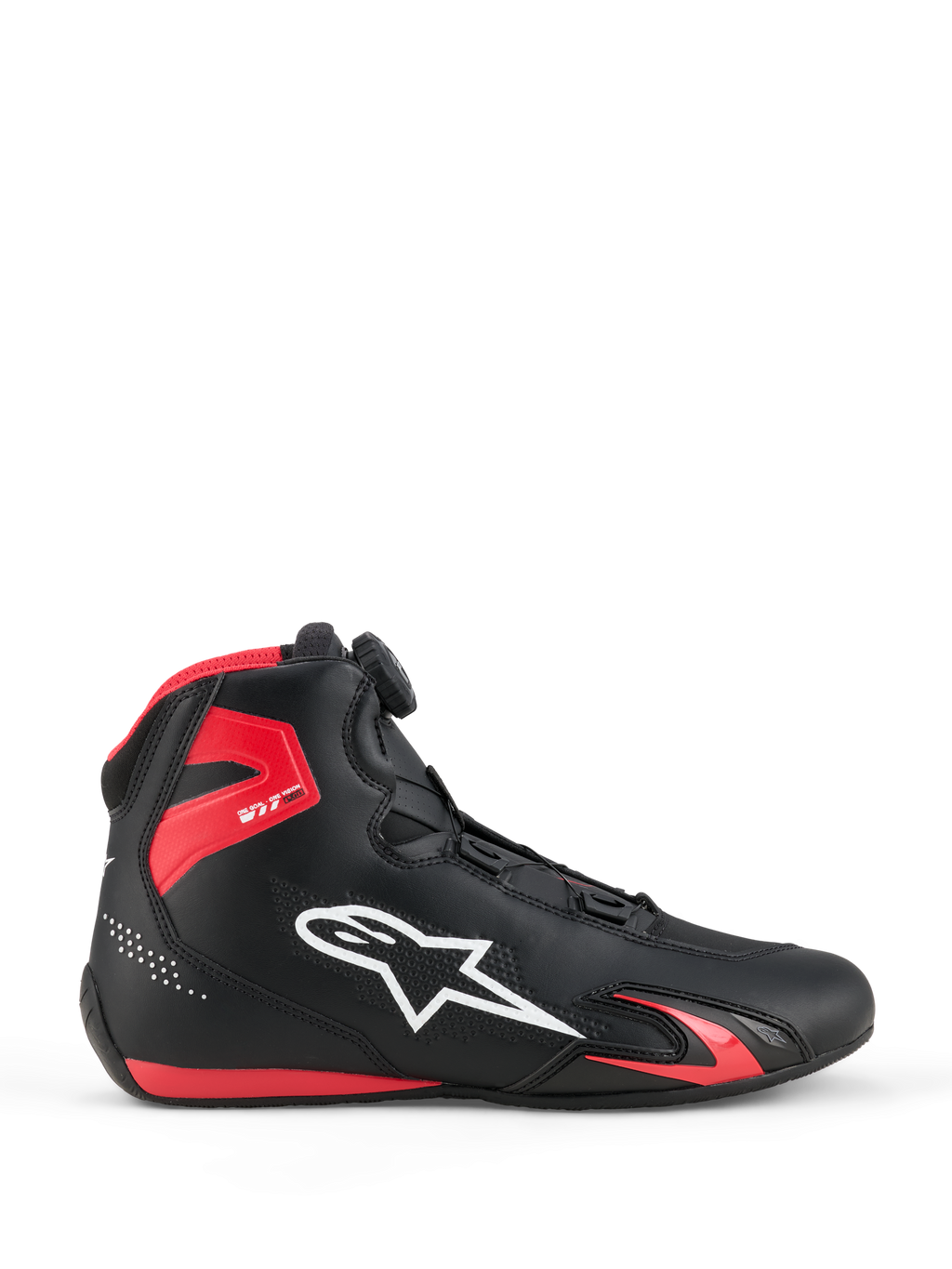 Alpinestars Celer-skor, motorcykelskor, svarta och klarröda, profilvy med vit Alpinestars-logotyp, Rotor-stängningssystem, rött TPU-ankelskydd och strömlinjeformad mikrofiberkonstruktion för sport och racing