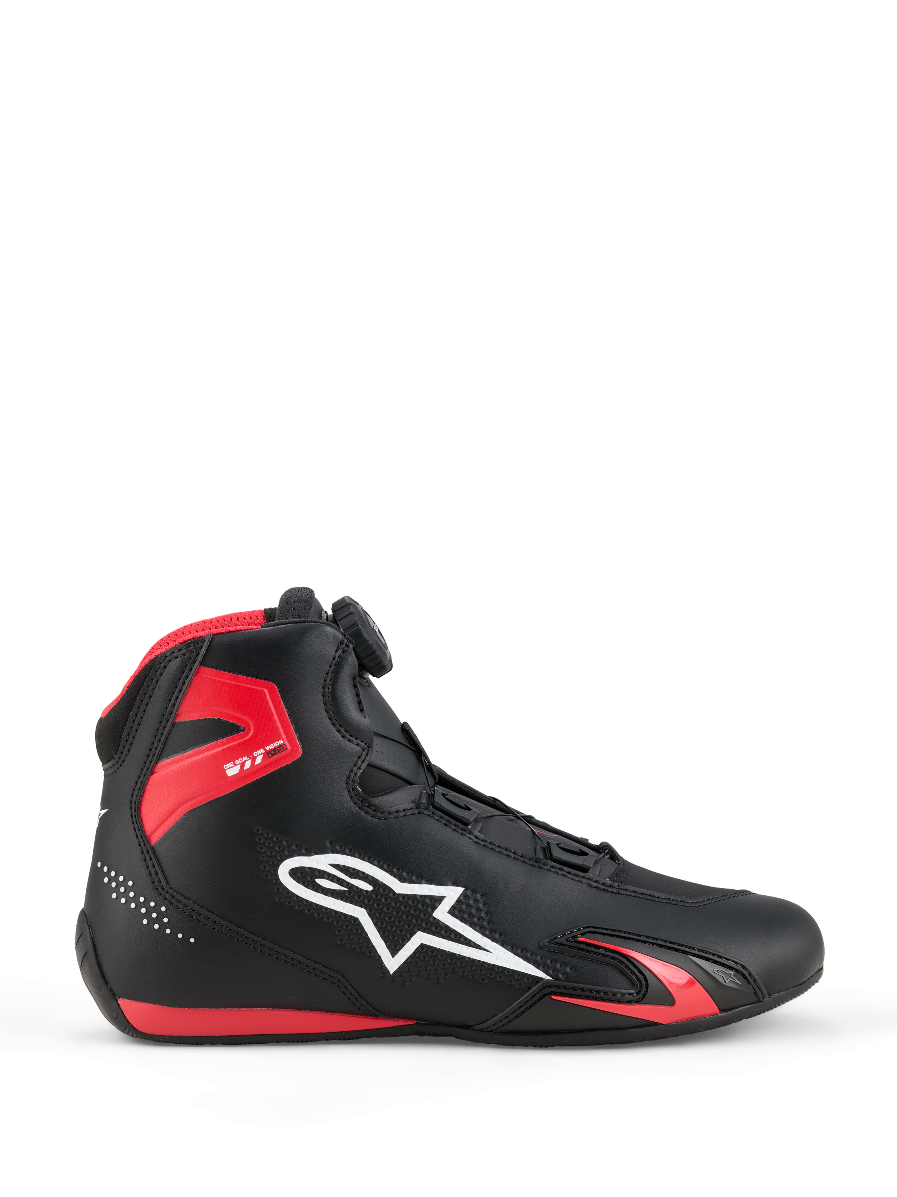 Alpinestars Celer-skor, motorcykelskor, svarta och klarröda, profilvy med vit Alpinestars-logotyp, Rotor-stängningssystem, rött TPU-ankelskydd och strömlinjeformad mikrofiberkonstruktion för sport och racing