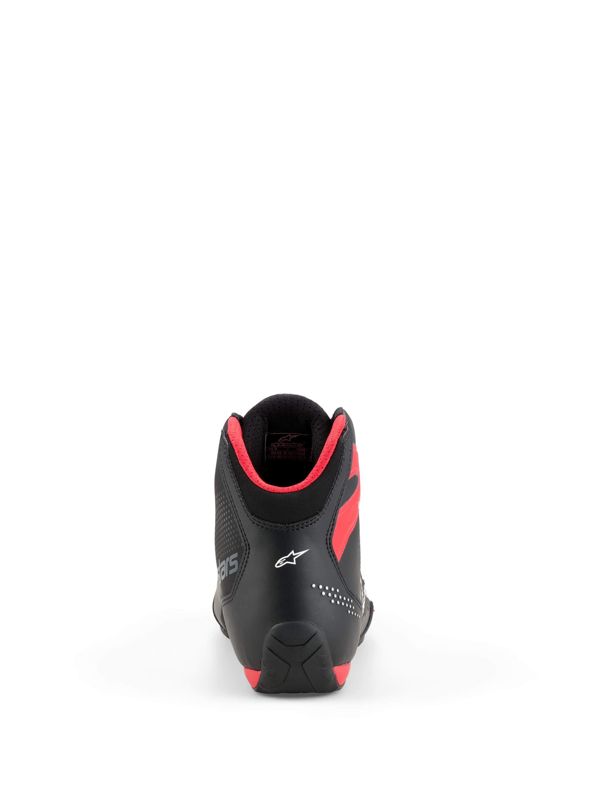 Alpinestars Celer Shoes, Motorcycle Riding Shoes, Black and Bright Red, rear view showing white Astar logo on the heel and bright red collar padding, sleek sport performance design