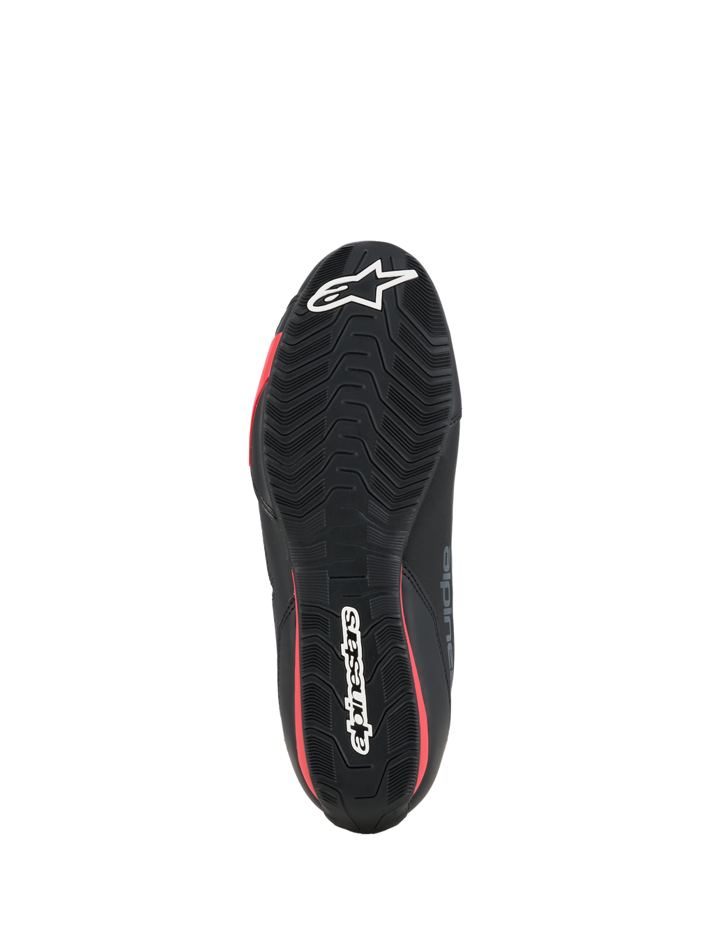 Alpinestars Celer-skor, motorcykelskor, svart och klarröd, undersida som visar den texturerade gummisulan med vit Alpinestars-logotyp och röda detaljer.