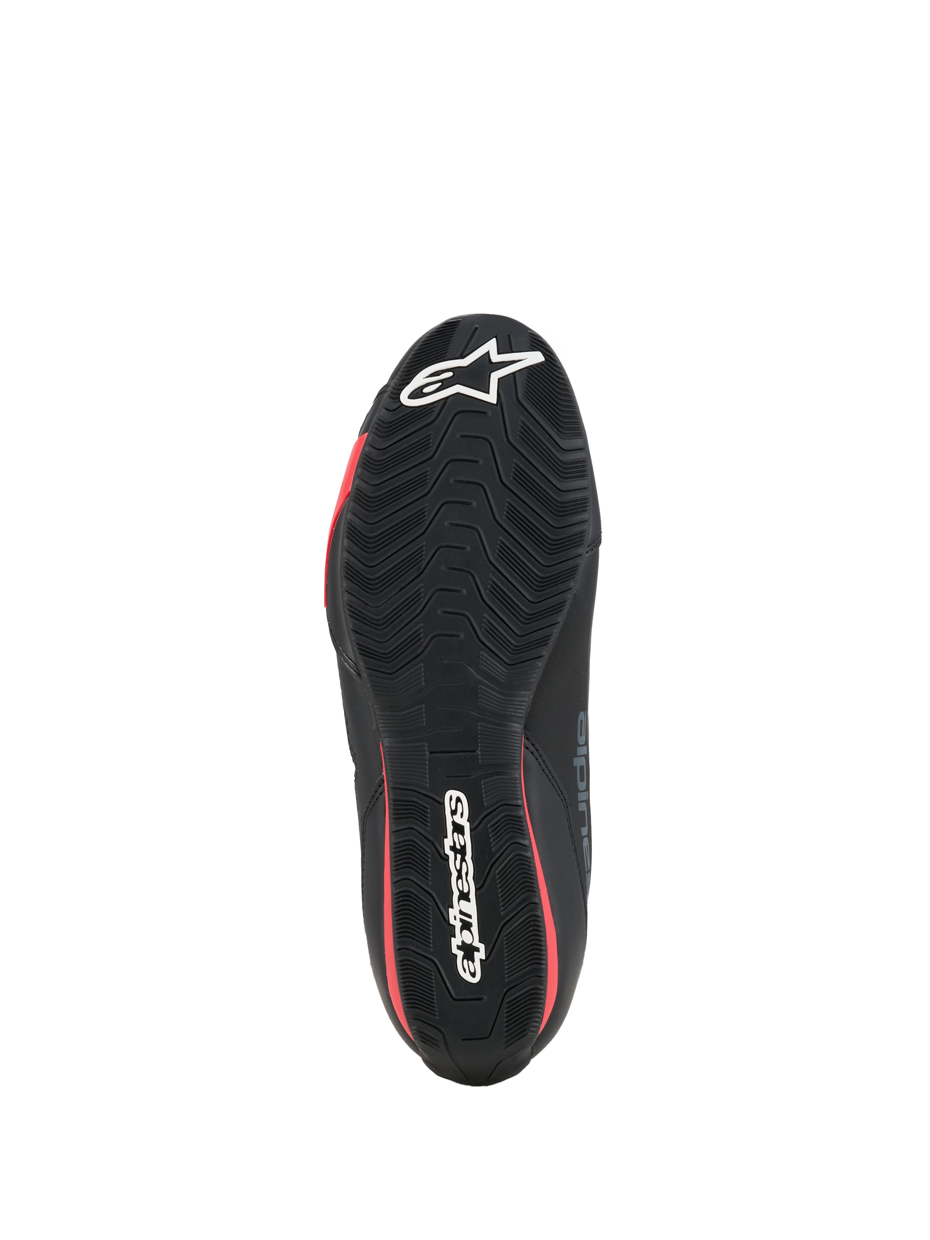 Alpinestars Celer-skor, motorcykelskor, svart och klarröd, undersida som visar den texturerade gummisulan med vit Alpinestars-logotyp och röda detaljer.
