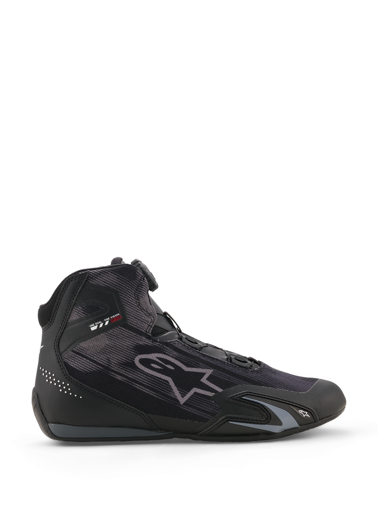 Alpinestars Celer Superair Shoes, Black High-Top Motorcycle Shoes, Black with Gray and White Accents, Streamlined Design with Reinforced Toe and Heel, Protective Lace Cover, Cushioned Ankle Support, Rubber Sole