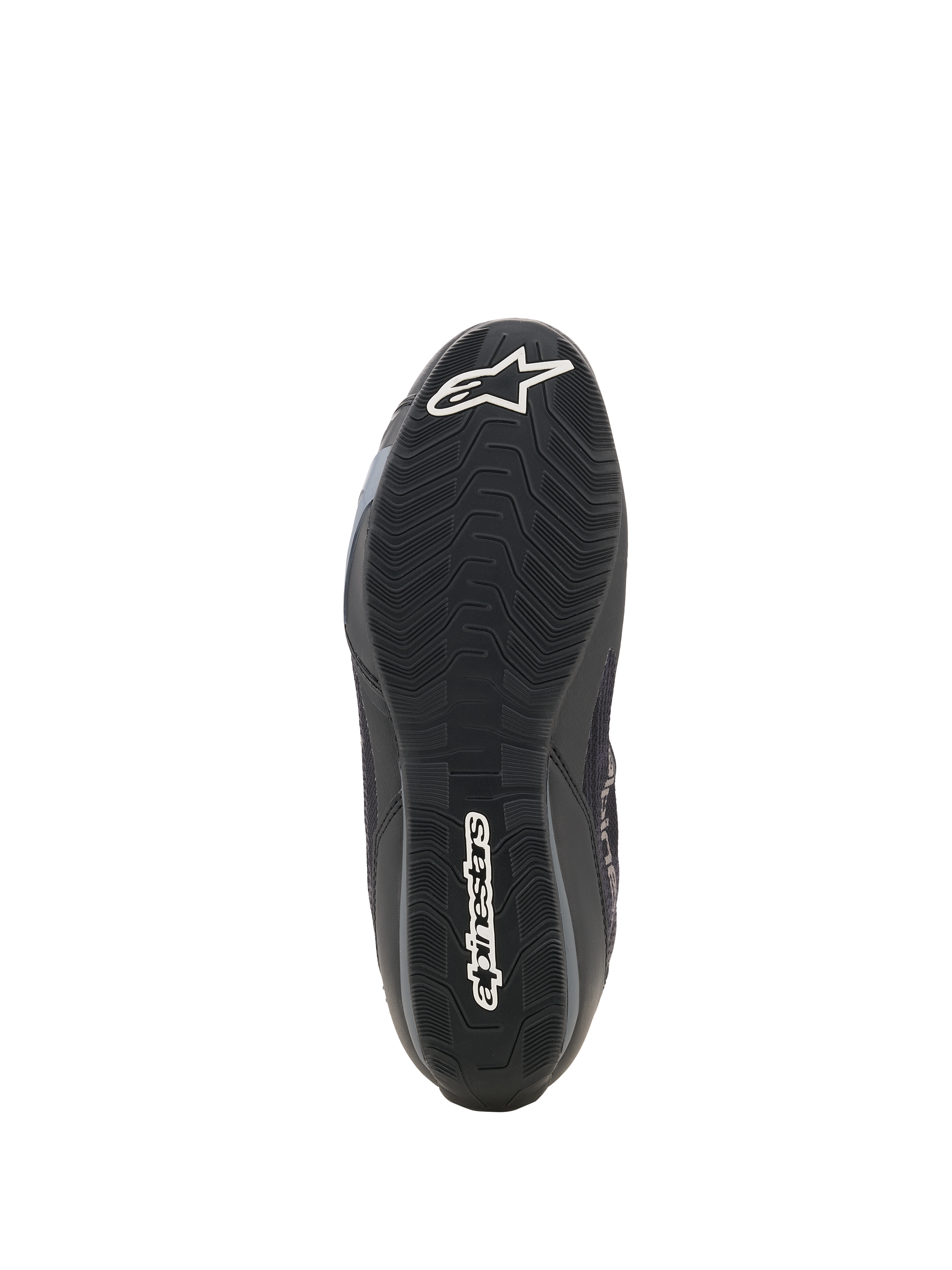 Alpinestars Celer Superair-skor, motorcykelskor, svarta och mörkgrå, vy underifrån av mönstrad oljebeständig gummiyttersula, med vit Alpinestars stjärnlogotyp vid tån och textlogotyp vid hälen