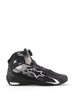 Alpinestars Celer Superair skor, motorcykelskor, svart och vit, profilvy från sidan med vita grafiska mönster och stor Astar-logotyp, Rotor-stängningssystem på plösen, TPU-ankelskydd med 'ONE GOAL ONE VISION'-märkning, ventilerande textilöverdel för prestanda i varmt väder