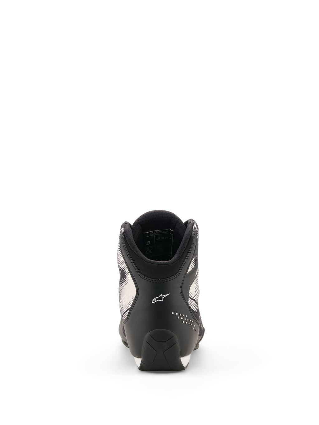 Alpinestars Celer Superair Shoes, motorcykelskor, svarta och vita, vy bakifrån som visar hälen med vit Astar-logotyp, perforerade detaljer och texturerad suldesign