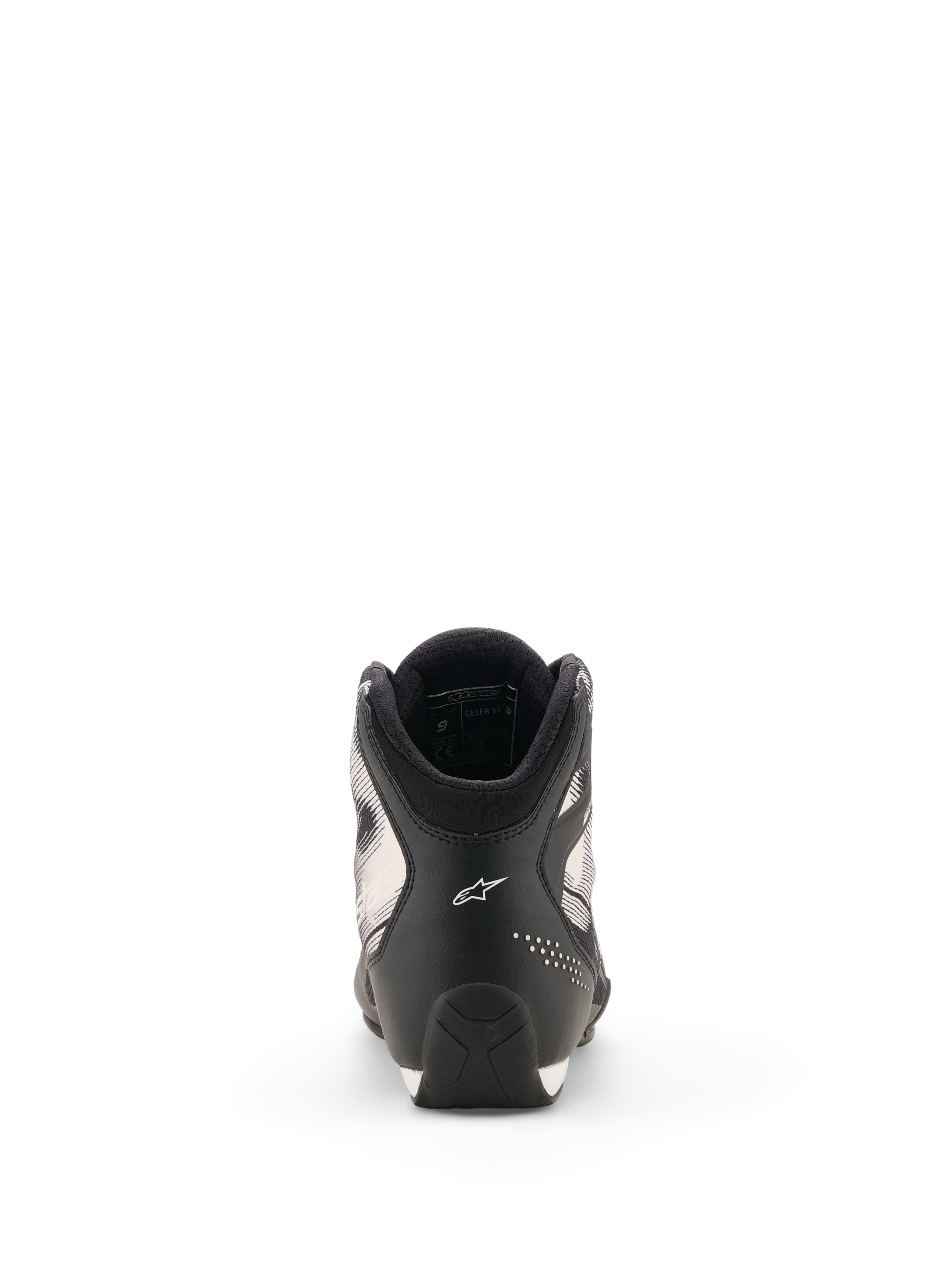 Alpinestars Celer Superair Shoes, motorcykelskor, svarta och vita, vy bakifrån som visar hälen med vit Astar-logotyp, perforerade detaljer och texturerad suldesign