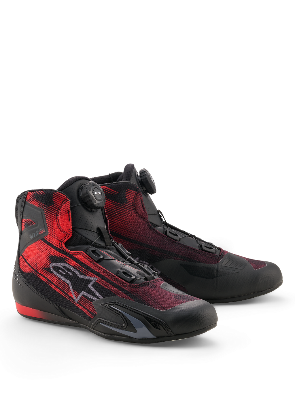 Alpinestars Celer Superair Shoes, Sport Motorcycle Riding Shoes, Black and Bright Red, featuring the Alpinestars Rotor Closure System and breathable airflow textile upper, sleek design with TPU reinforcements and textured grip sole