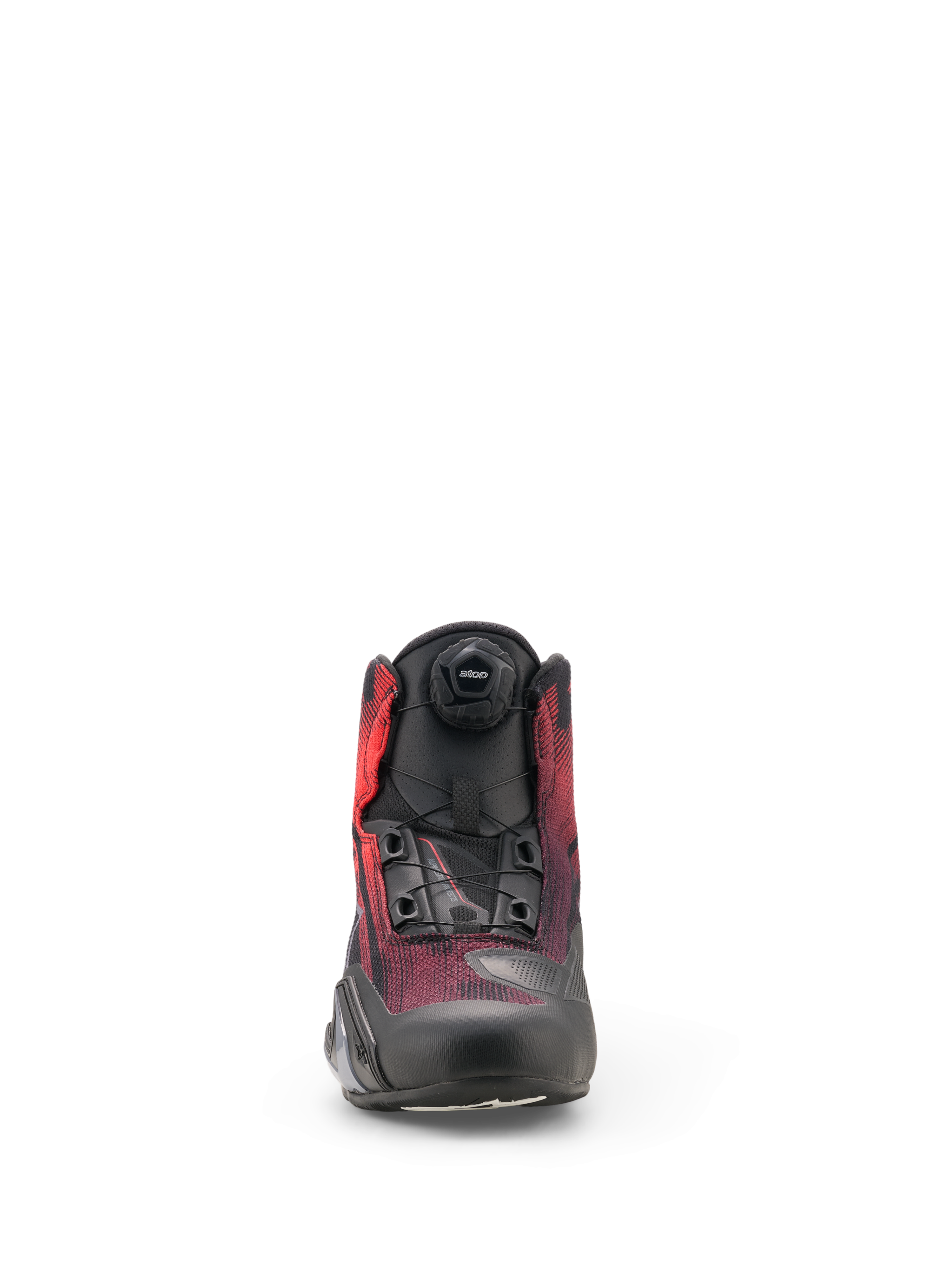 Alpinestars Celer Superair Shoes, Motorcycle Riding Shoes, Black and Bright Red, front view featuring the Rotor Closure System dial and breathable airflow textile upper with protective reinforcements