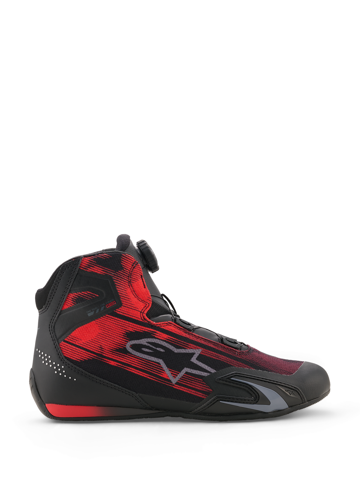 Alpinestars Celer Superair Shoes, motorcycle riding shoes, Black and Bright Red, side view featuring a streaked graphic textile upper, gray Alpinestars logo, and Rotor Closure System dial, sporty performance footwear for motorcyclists