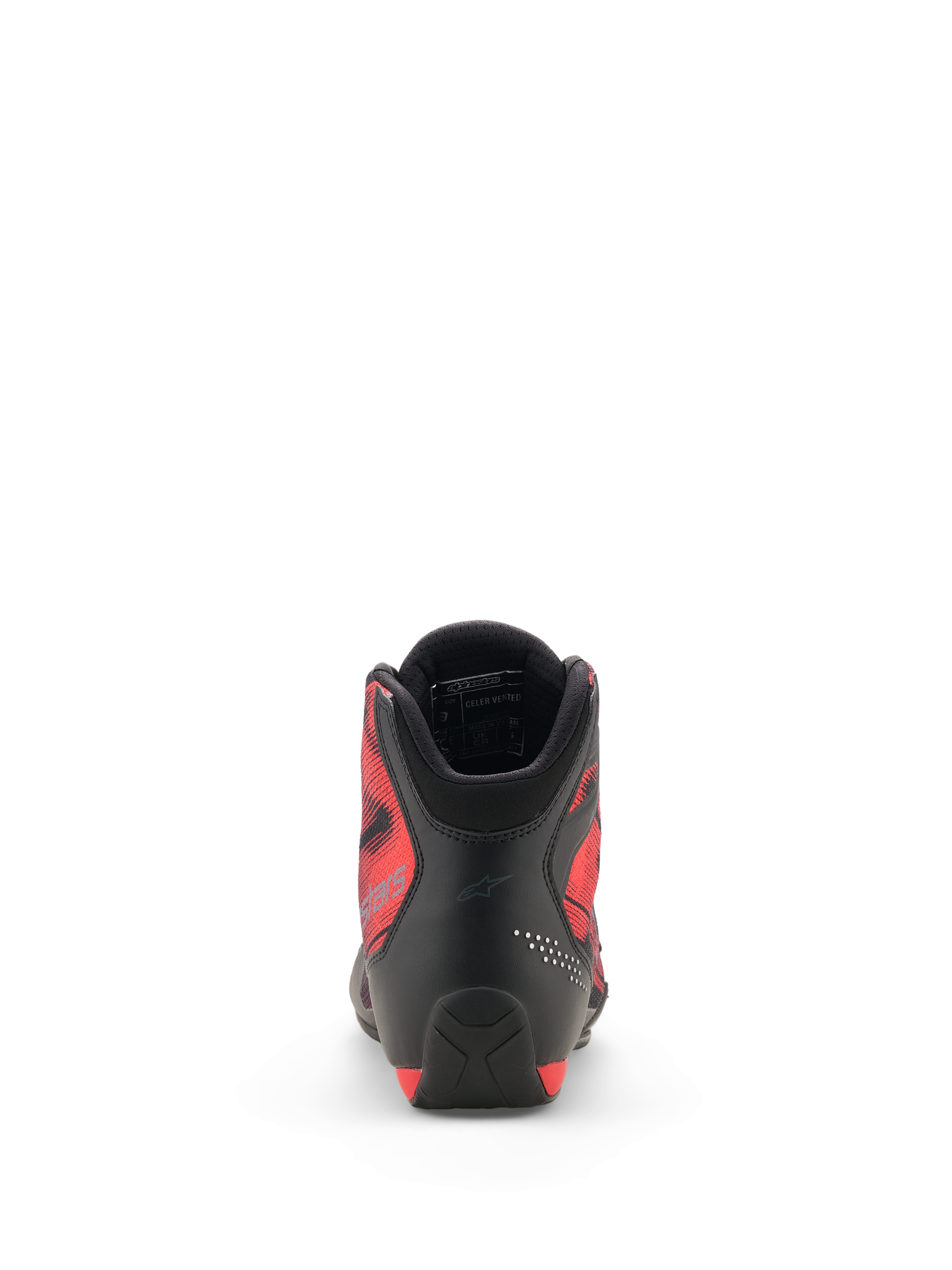 Alpinestars Celer Superair Shoes, Rear View, Black and Bright Red, featuring reinforced microfiber heel, breathable red airflow textile side panels with graphic design, and cushioned collar with 3D mesh lining, sport motorcycle riding footwear