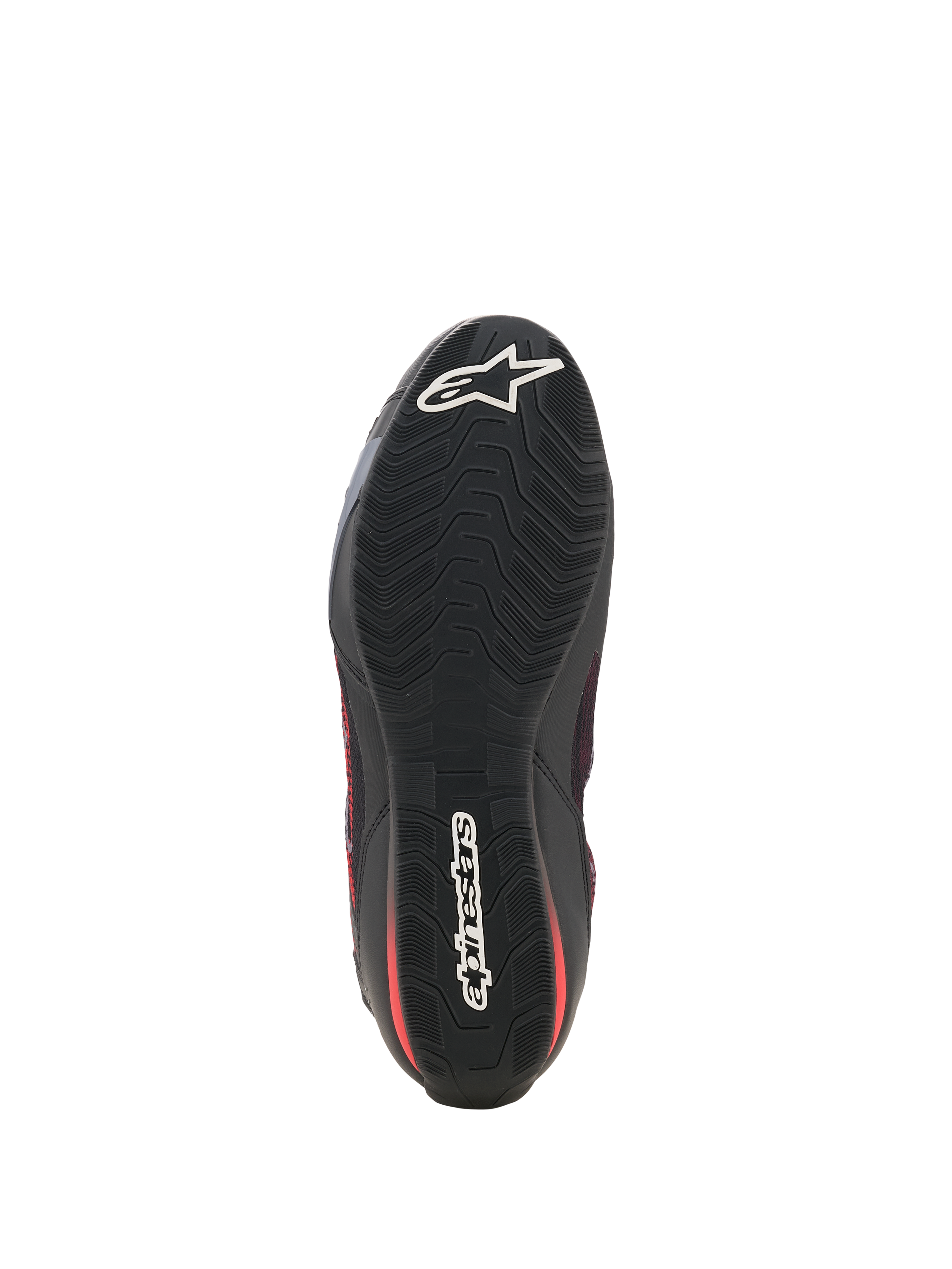 Alpinestars Celer Superair Shoes, Motorcycle Riding Shoes, Black and Bright Red, bottom view showing the black oil-resistant rubber outsole with a textured wavy grip pattern and white Alpinestars branding on the toe and heel