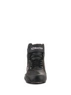 Alpinestars Faster-3 Rideknit® Shoes, Motorcycle Riding Shoes, Black, front view, featuring a hook and loop ankle strap with white branding, laces, and breathable knit mesh panels, sleek road riding footwear