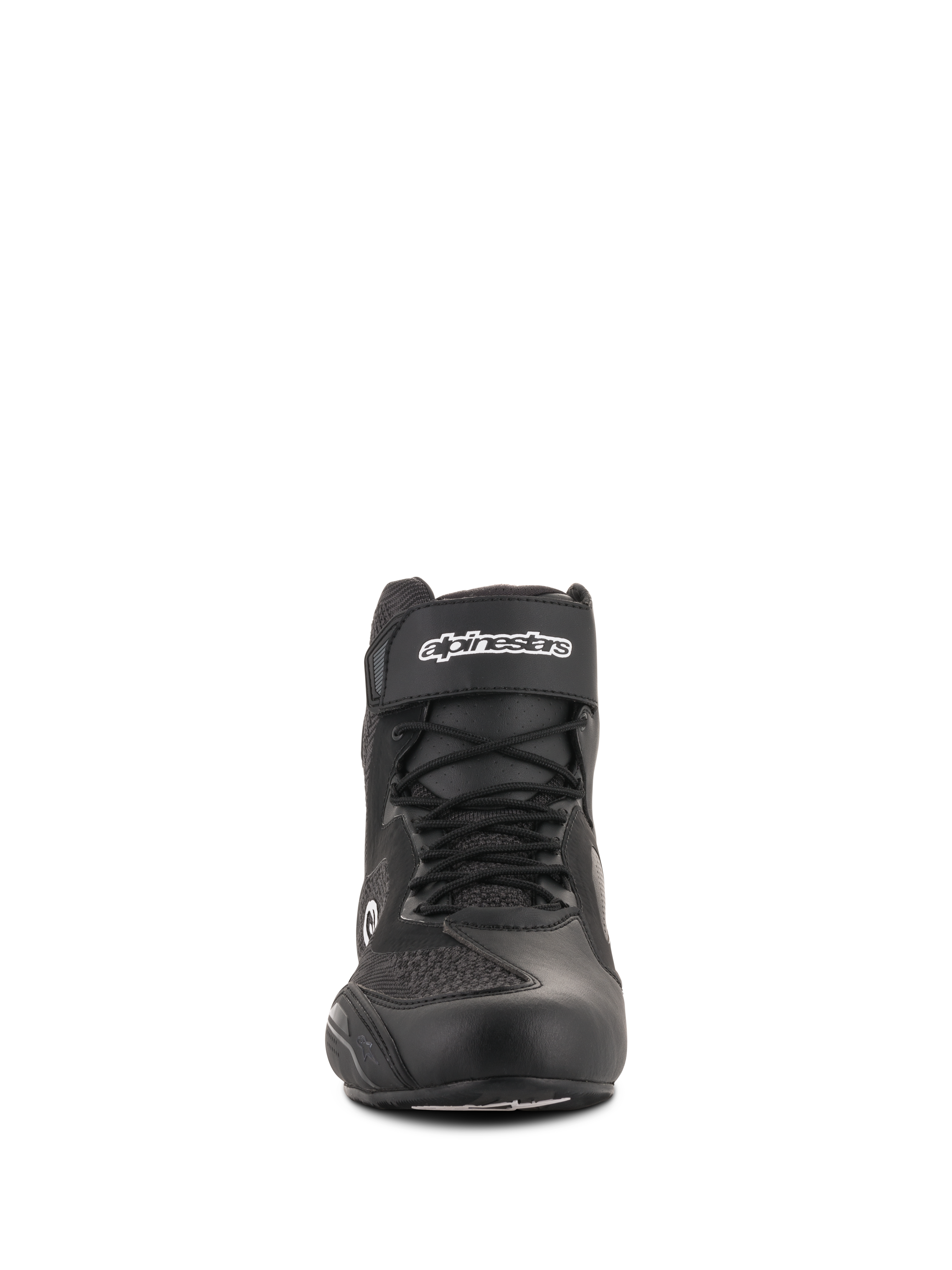 Alpinestars Faster-3 Rideknit® Shoes, Motorcycle Riding Shoes, Black, front view, featuring a hook and loop ankle strap with white branding, laces, and breathable knit mesh panels, sleek road riding footwear