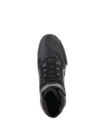 Alpinestars Faster-3 Rideknit® Shoes, Black, top-down view showing laces and breathable mesh panels, lightweight microfiber and knit construction, performance motorcycle footwear