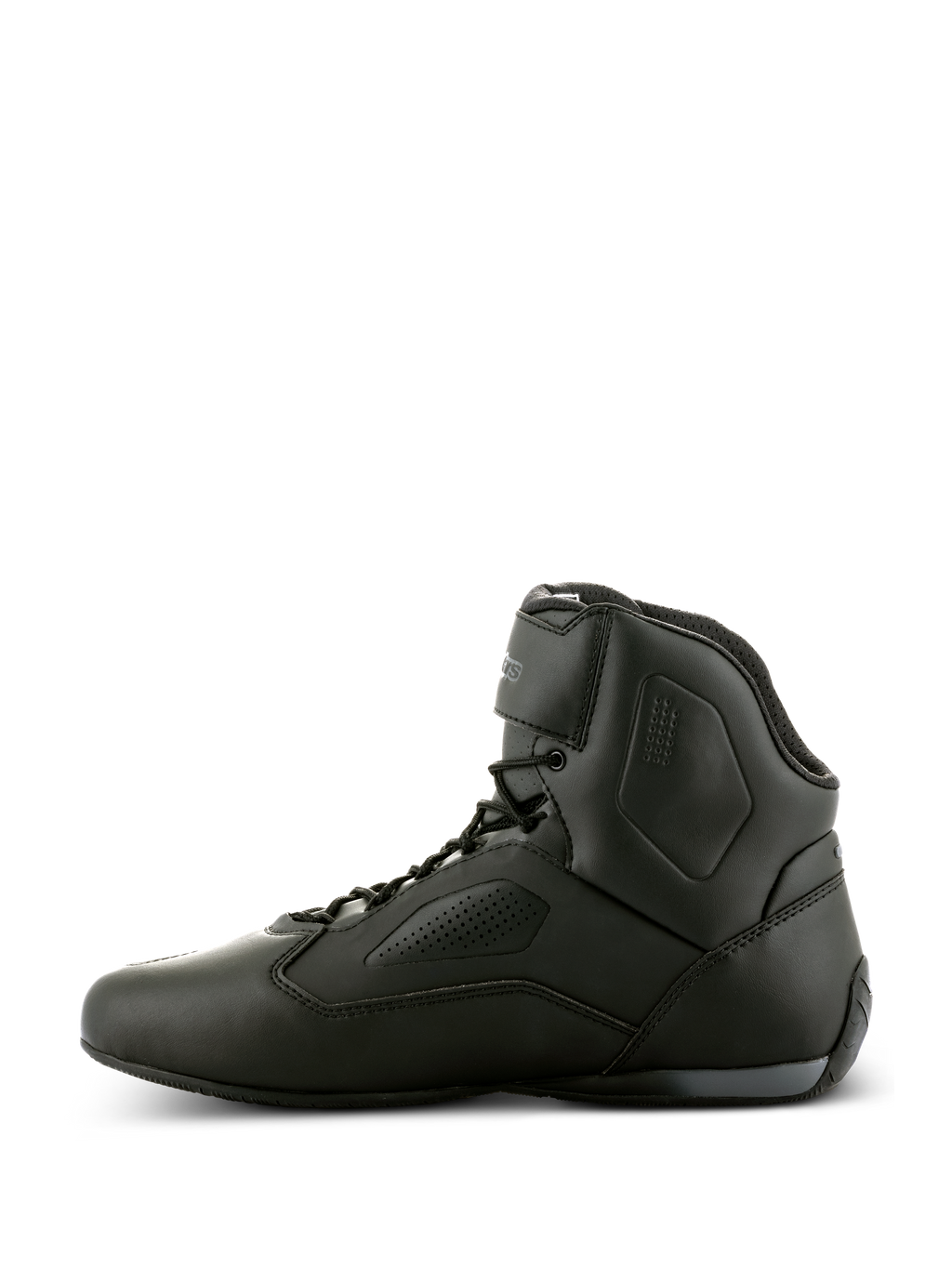 Alpinestars Faster-3 Rideknit®-skor, svarta motorcykelskor, sidoprofilvy, smidigt mikrofiberchassi med perforerade paneler, high-top-design med snörning och ankelrem, högpresterande racingskor för landsväg