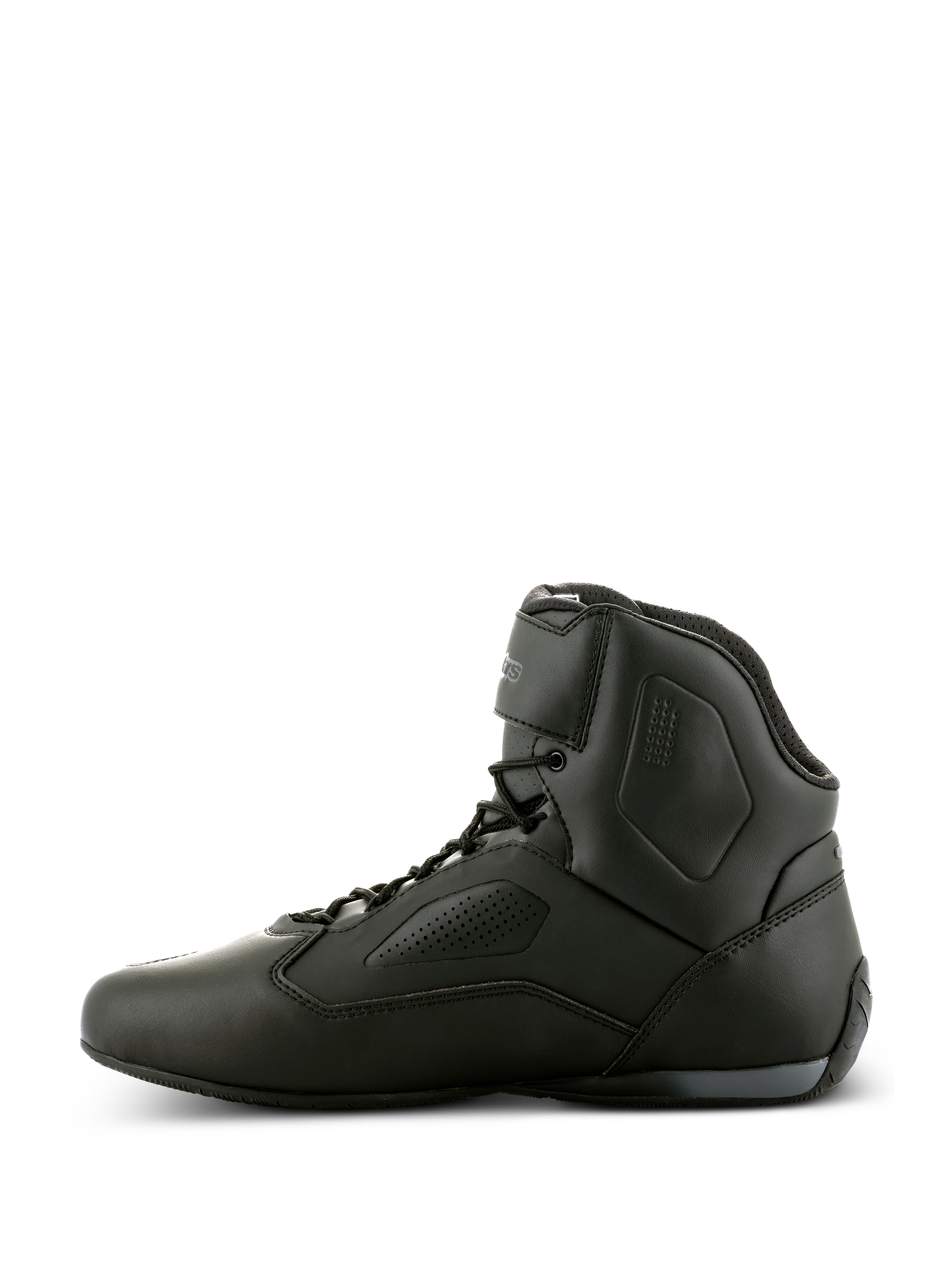 Alpinestars Faster-3 Rideknit®-skor, svarta motorcykelskor, sidoprofilvy, smidigt mikrofiberchassi med perforerade paneler, high-top-design med snörning och ankelrem, högpresterande racingskor för landsväg