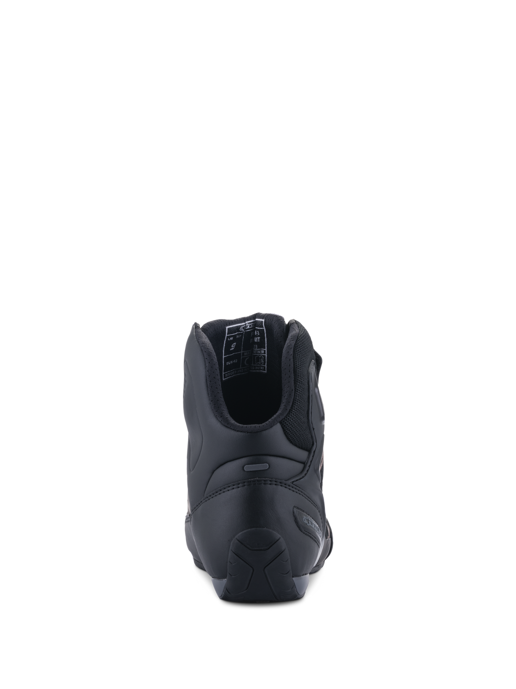 Alpinestars Faster-3 Rideknit®-skor, vy bakifrån, svarta, visar TPR-hälkappa för sidostöd, mikrofiberkonstruktion med ventilerande meshfoder, prestandaskor för motorcykelkörning på landsväg