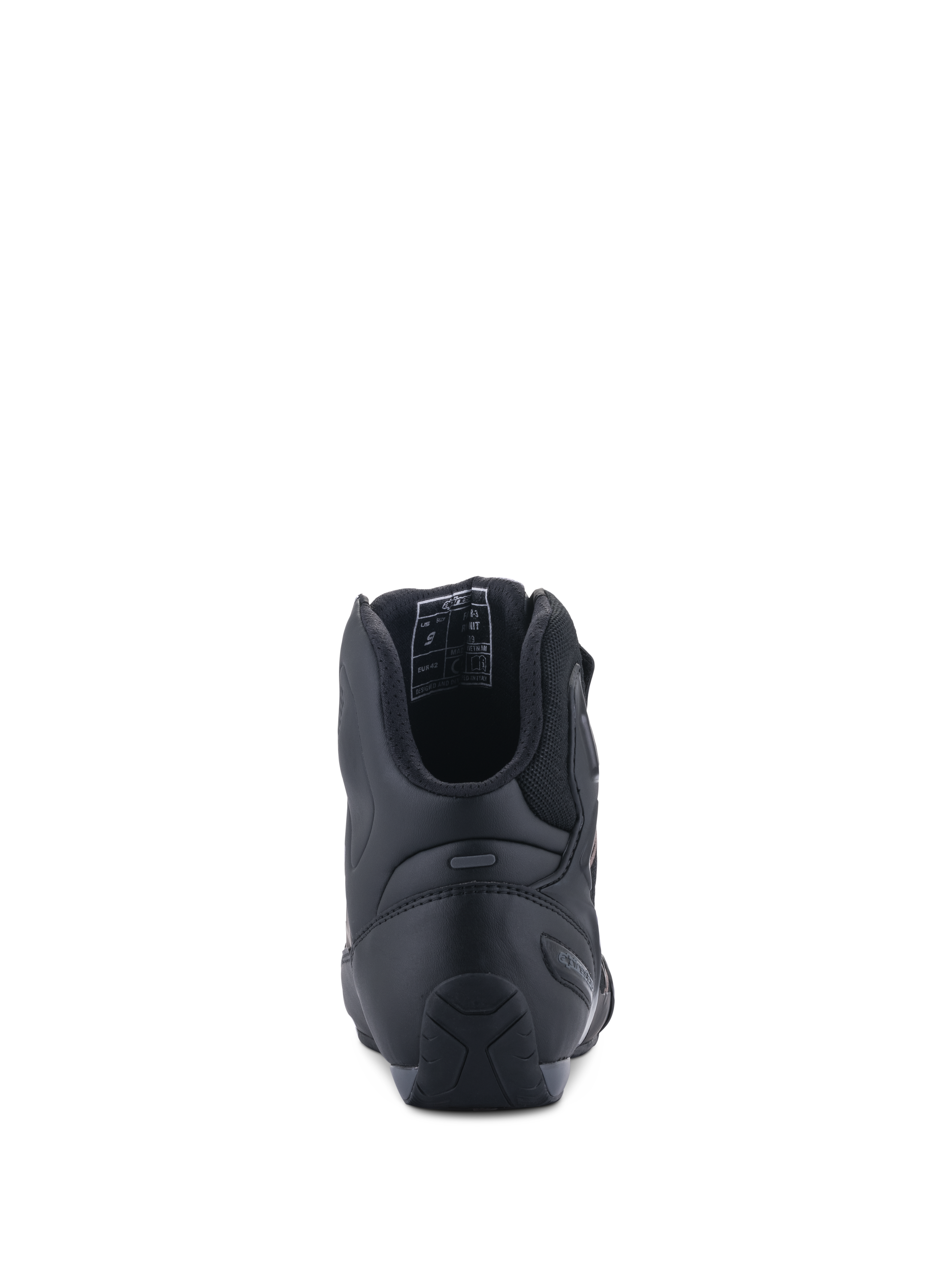 Alpinestars Faster-3 Rideknit®-skor, vy bakifrån, svarta, visar TPR-hälkappa för sidostöd, mikrofiberkonstruktion med ventilerande meshfoder, prestandaskor för motorcykelkörning på landsväg