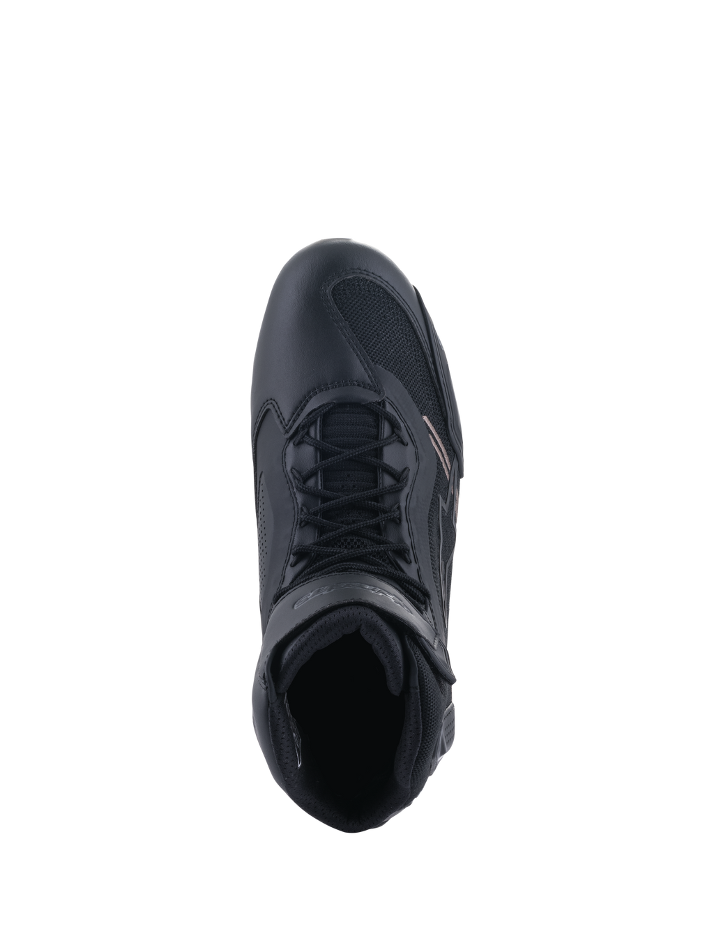 Alpinestars Faster-3 Rideknit®-skor, motorcykelskor, svarta, vy uppifrån som visar snörningssystemet och ankelremmen, med en blandning av ventilerande mesh och mikrofiber, sportig design för högpresterande landsvägskörning