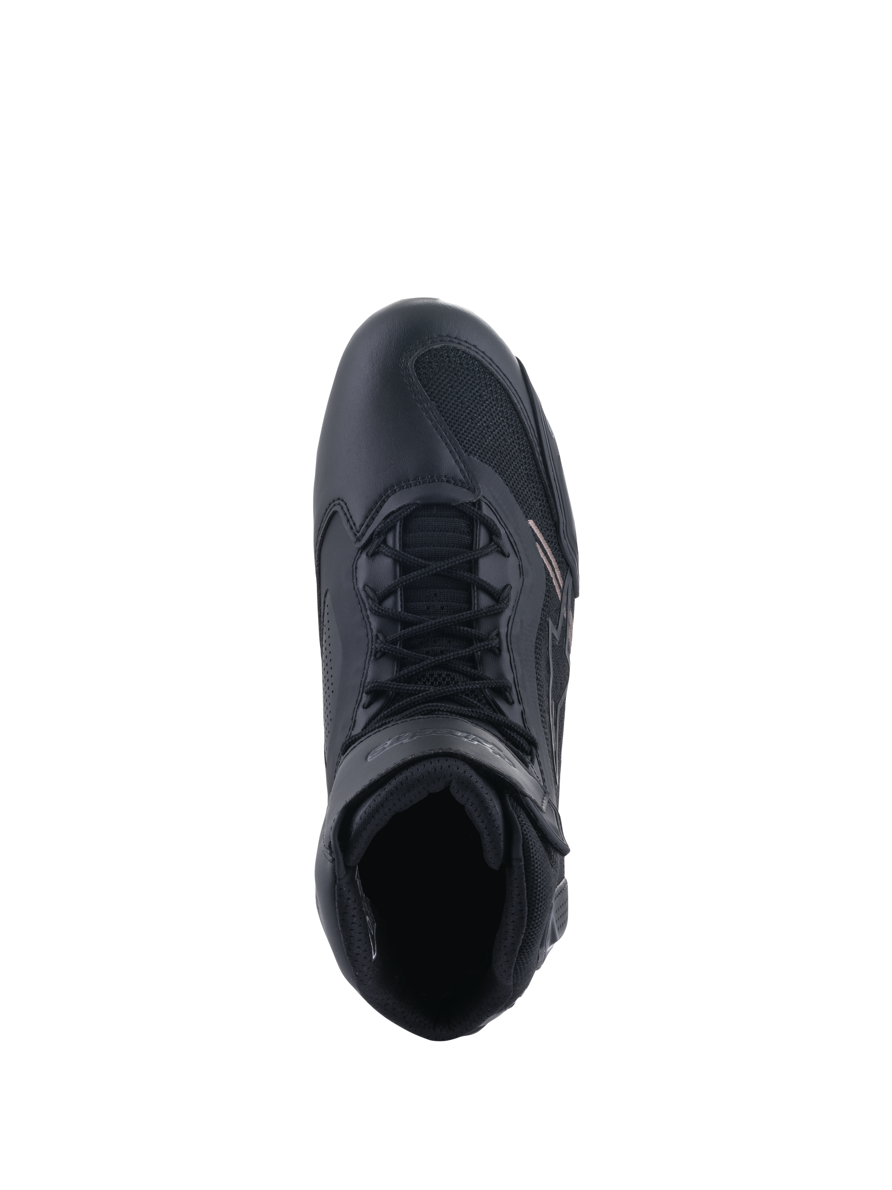 Alpinestars Faster-3 Rideknit®-skor, motorcykelskor, svarta, vy uppifrån som visar snörningssystemet och ankelremmen, med en blandning av ventilerande mesh och mikrofiber, sportig design för högpresterande landsvägskörning