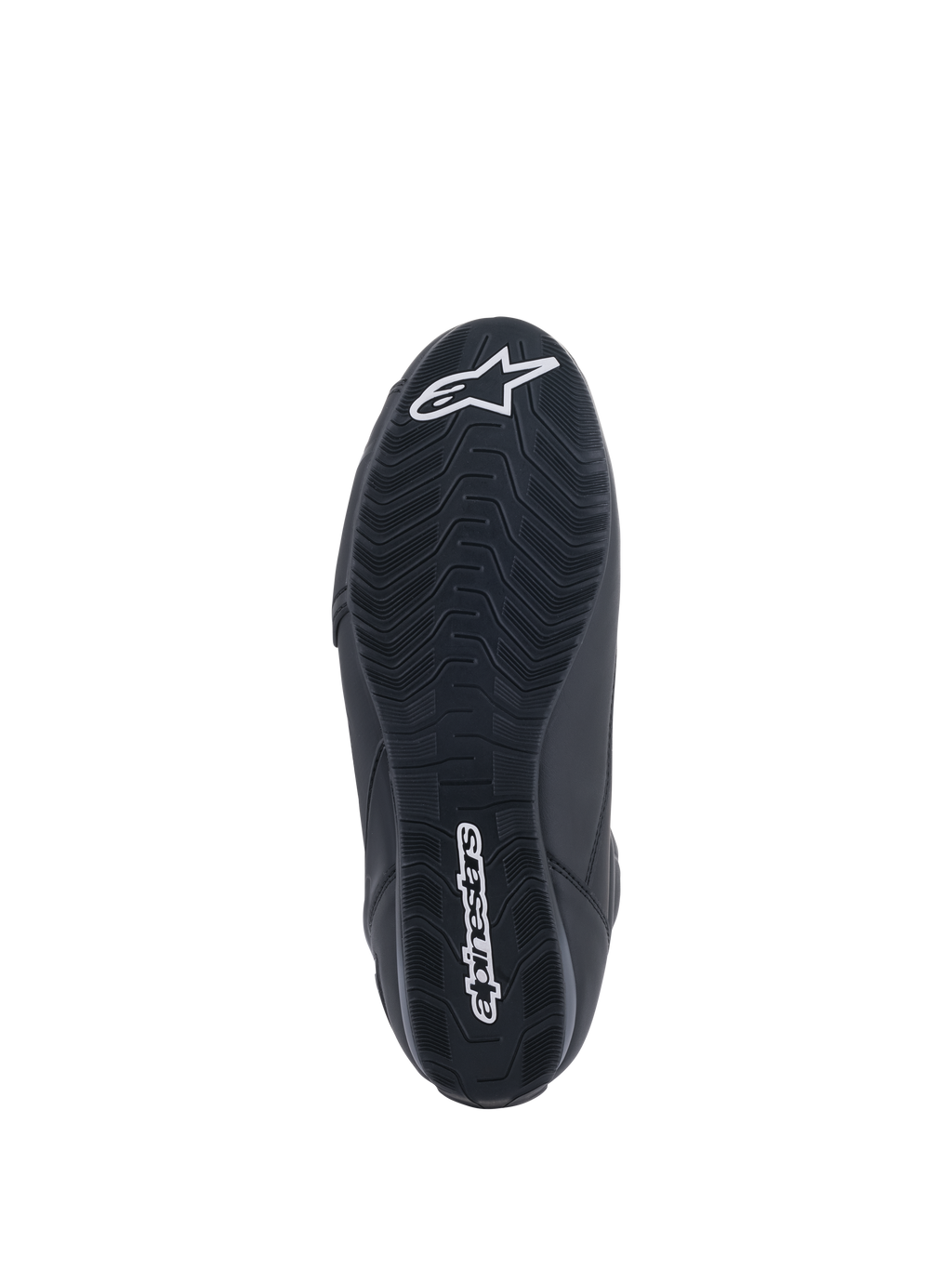 Alpinestars Faster-3 Rideknit®-skor, motorcykelskor, svarta, vy underifrån av sulan med strukturerat mönster, vit Alpinestars-textlogotyp och stjärnlogotyp, designade för prestanda vid landsvägskörning