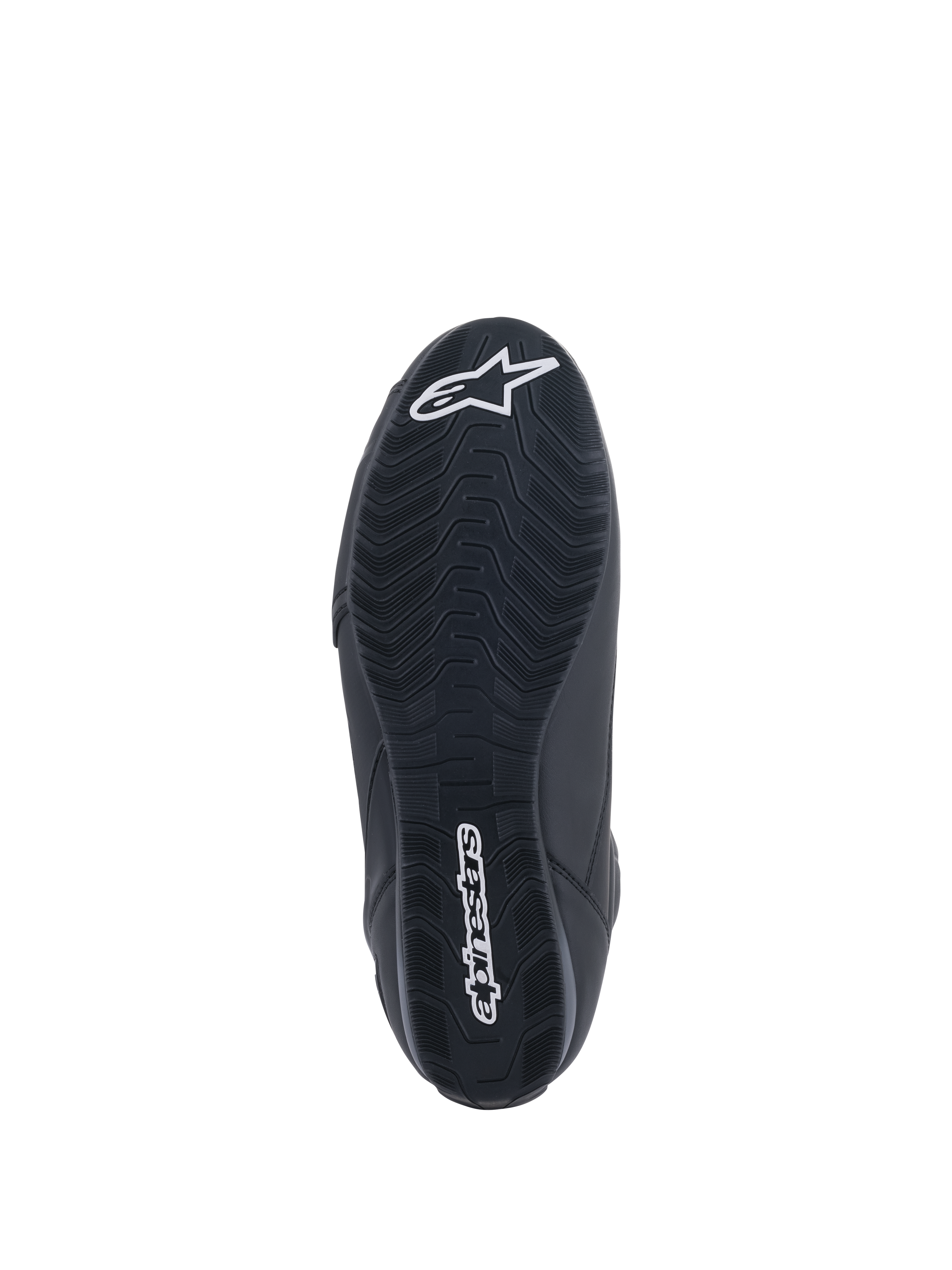 Alpinestars Faster-3 Rideknit®-skor, motorcykelskor, svarta, vy underifrån av sulan med strukturerat mönster, vit Alpinestars-textlogotyp och stjärnlogotyp, designade för prestanda vid landsvägskörning