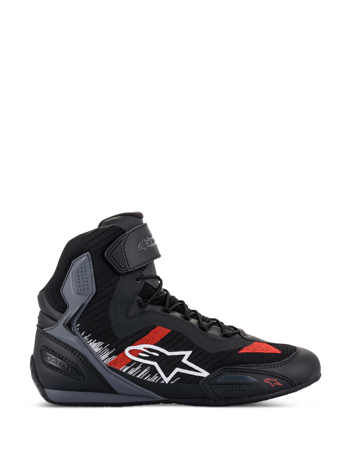Alpinestars Faster-3 Rideknit Shoes, Motorcycle Riding Sneakers, Black with Gray and Bright Red Accents, High-Top Design with White Star Logo, Breathable Knit Construction, Ankle Strap, Gray Textured Panels, Black and Gray Sole