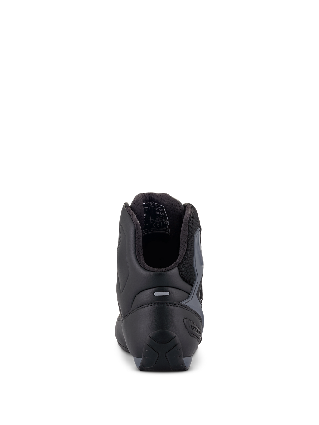 Alpinestars Faster-3 Rideknit® skor, motorcykelskor, svart, grå och klarröd, vy bakifrån som visar TPR-hälkappa och vadderad krage, smidig konstruktion i mikrofiber och textil