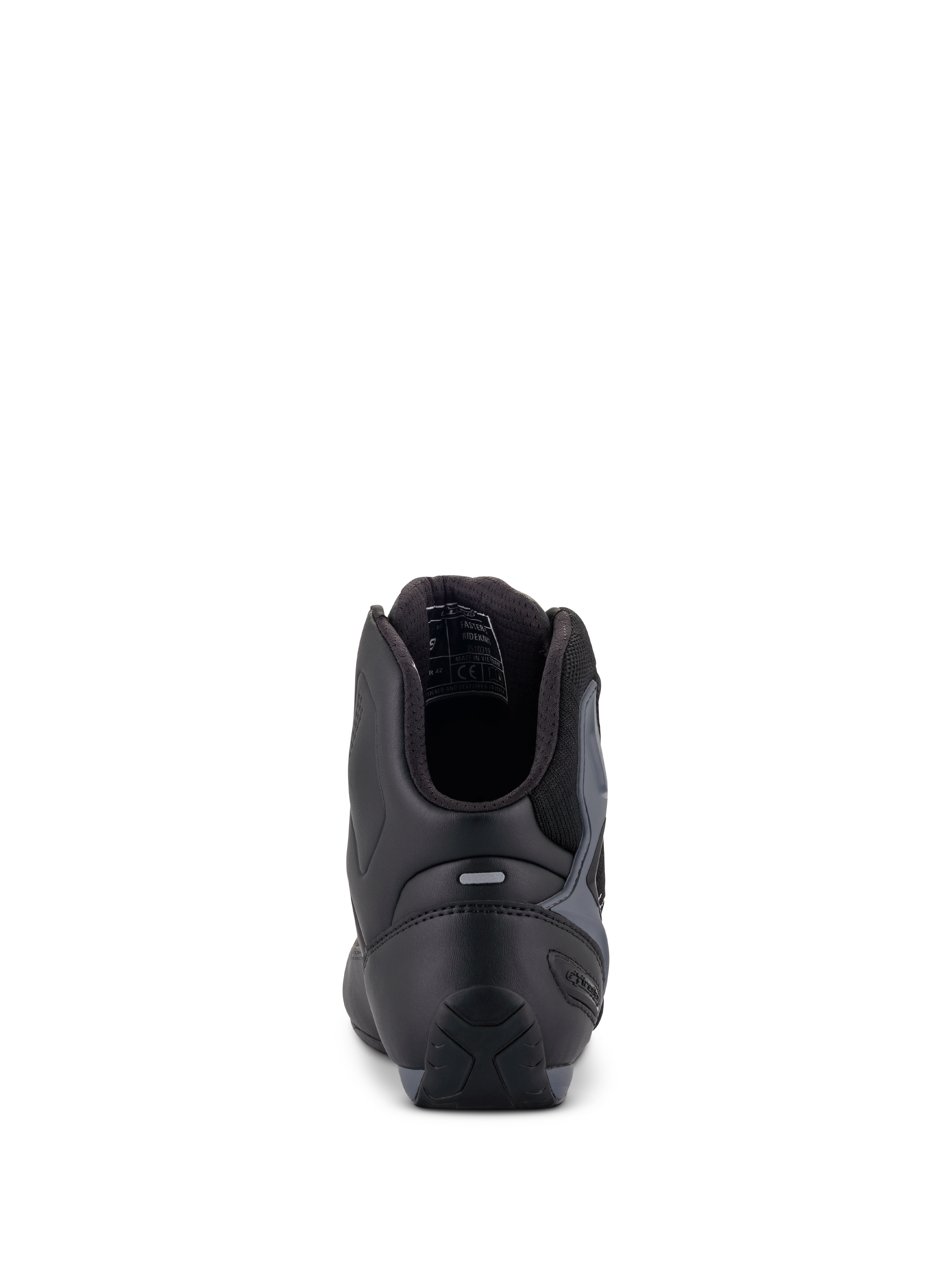 Alpinestars Faster-3 Rideknit® skor, motorcykelskor, svart, grå och klarröd, vy bakifrån som visar TPR-hälkappa och vadderad krage, smidig konstruktion i mikrofiber och textil