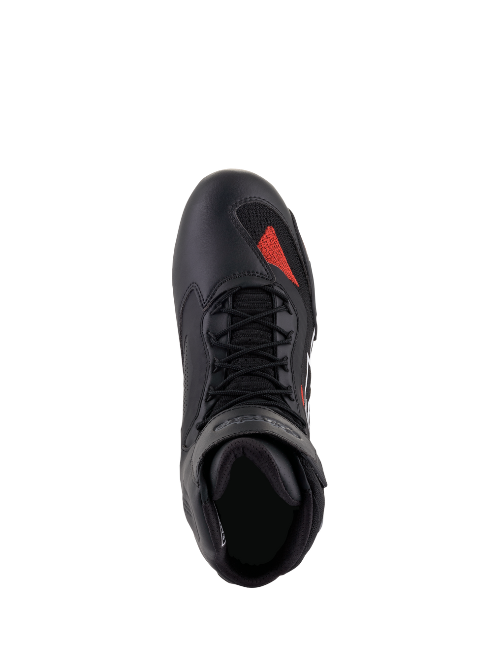 Alpinestars Faster-3 Rideknit®-skor, Black Gray Bright Red, sedd ovanifrån, med chassi i svart mikrofiber, röd stickad detalj på tån, svarta skosnören och vadderad krage, tekniska motorcykelskor