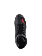 Alpinestars Faster-3 Rideknit®-skor, Black Gray Bright Red, sedd ovanifrån, med chassi i svart mikrofiber, röd stickad detalj på tån, svarta skosnören och vadderad krage, tekniska motorcykelskor