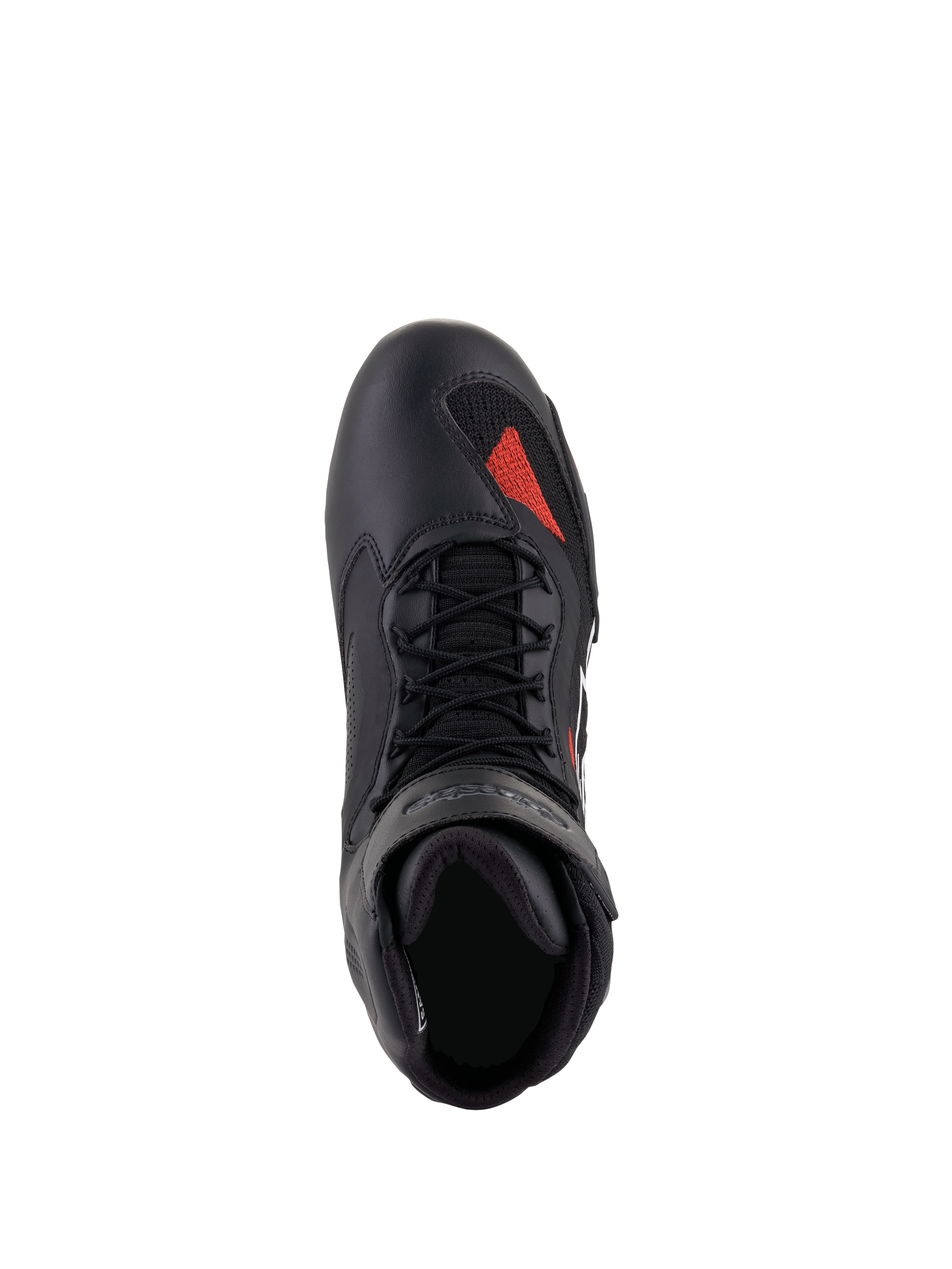 Alpinestars Faster-3 Rideknit®-skor, Black Gray Bright Red, sedd ovanifrån, med chassi i svart mikrofiber, röd stickad detalj på tån, svarta skosnören och vadderad krage, tekniska motorcykelskor