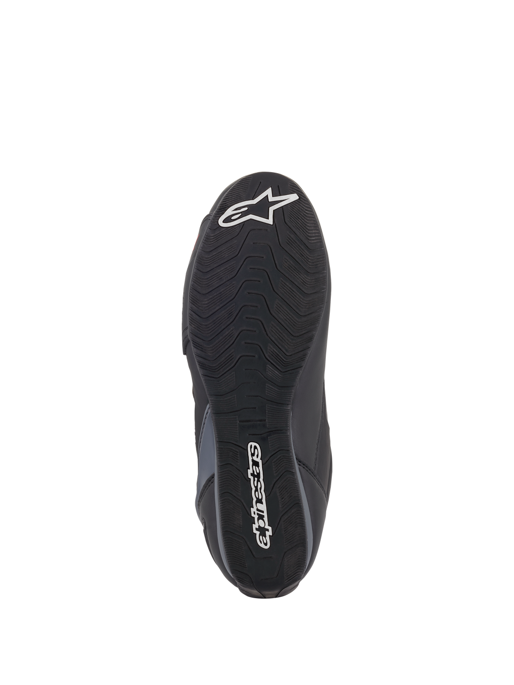 Alpinestars Faster-3 Rideknit® skor, vy av sulan, svart yttersula i gummi med vågigt greppmönster, vit Alpinestars-text och stjärnlogotyp, visar greppdetaljer för motorcykelkörning