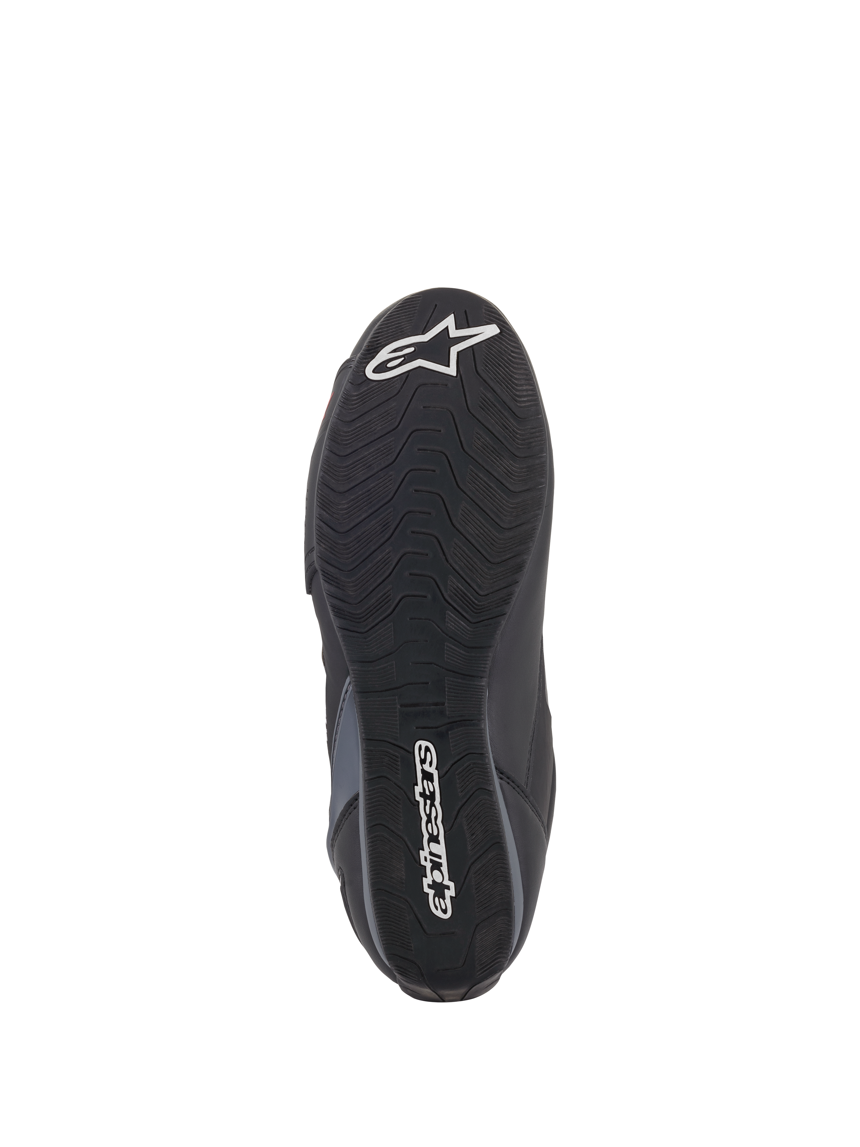Alpinestars Faster-3 Rideknit® skor, vy av sulan, svart yttersula i gummi med vågigt greppmönster, vit Alpinestars-text och stjärnlogotyp, visar greppdetaljer för motorcykelkörning