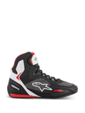 Alpinestars Faster-3 Rideknit Shoes, high-top motorcycle riding sneakers, black white and red, breathable knit mesh upper with white star logo, padded ankle support, sporty road racing design