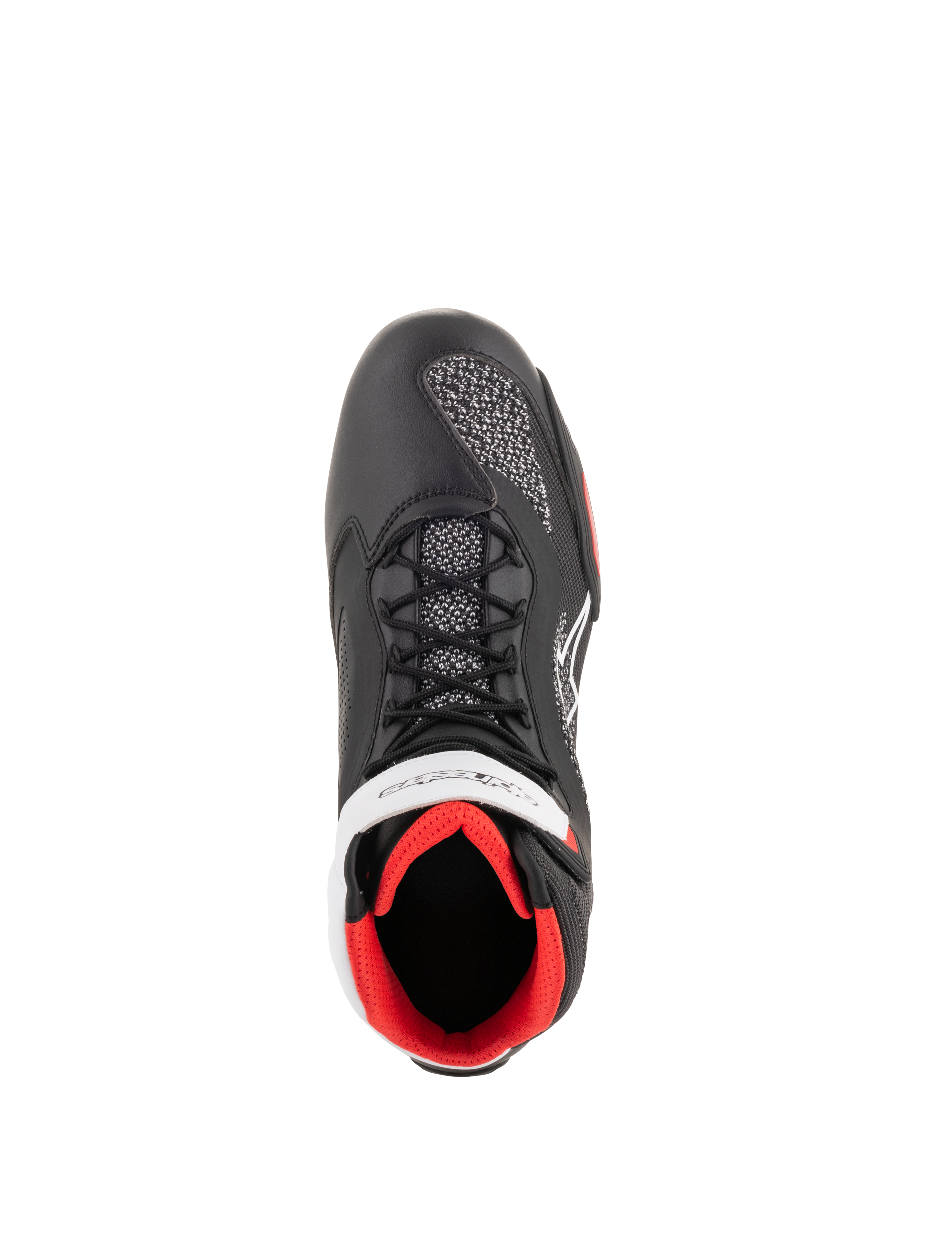 Alpinestars Faster-3 Rideknit® Shoes, motorcycle riding shoes, Black White and Red, top-down view featuring black microfiber construction, breathable knitted mesh panels, white Alpinestars branding, and a bright red interior lining