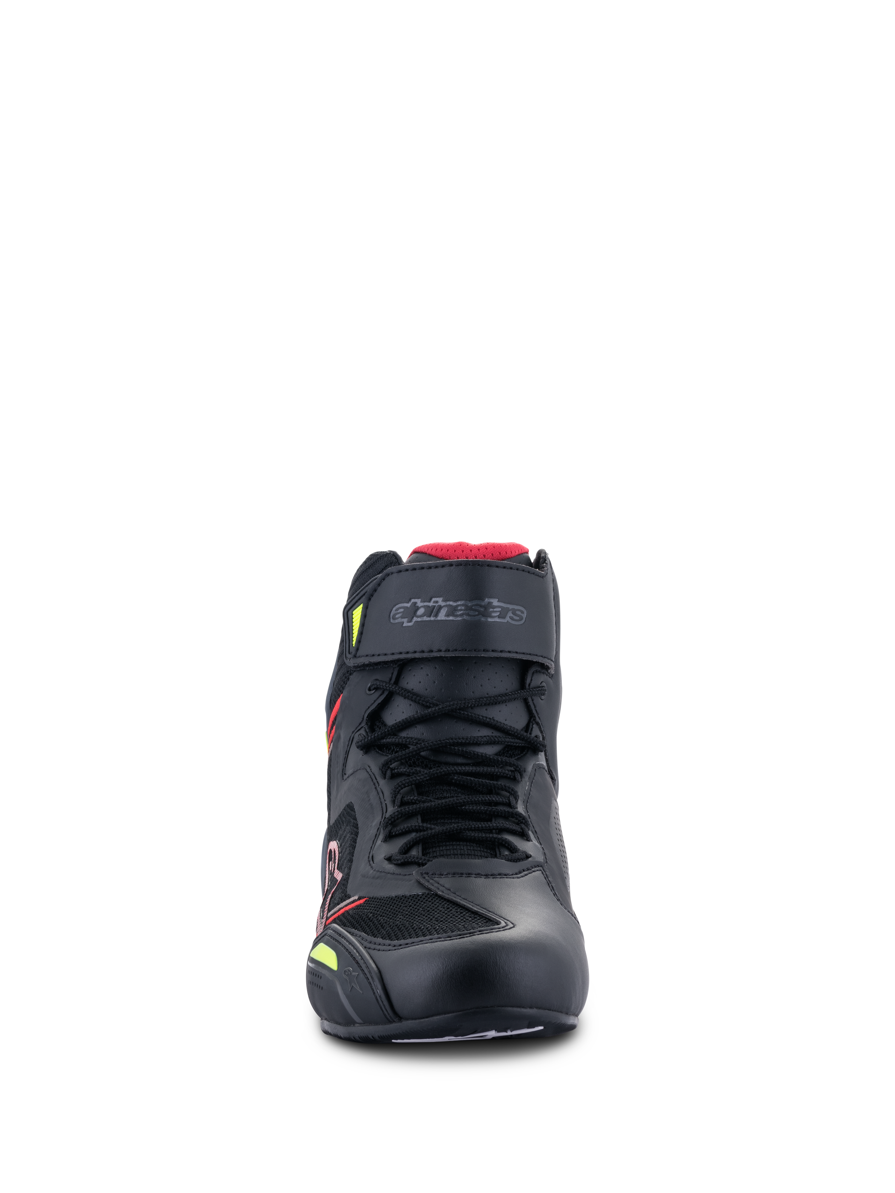 Alpinestars Faster-3 Rideknit®-skor, motorcykelskor, svarta med röda och neongula detaljer, vy framifrån med snörning, ett kardborreband vid vristen och stickade paneler med god andningsförmåga och rött foder