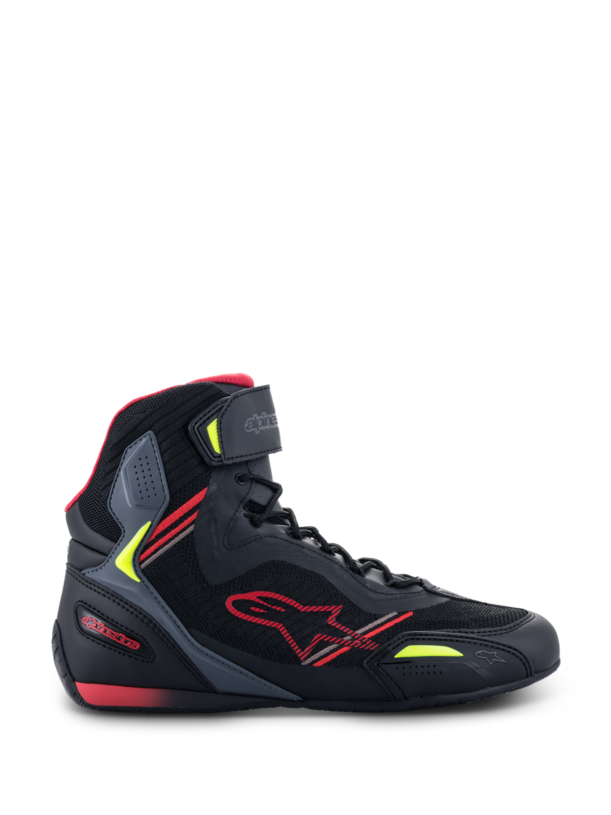 Alpinestars Faster-3 Rideknit® Shoes, Motorcycle Riding Shoes, Black with Red and Yellow Fluo accents, side profile showing breathable mesh and microfiber construction, high-top design with red star logo and adjustable ankle strap