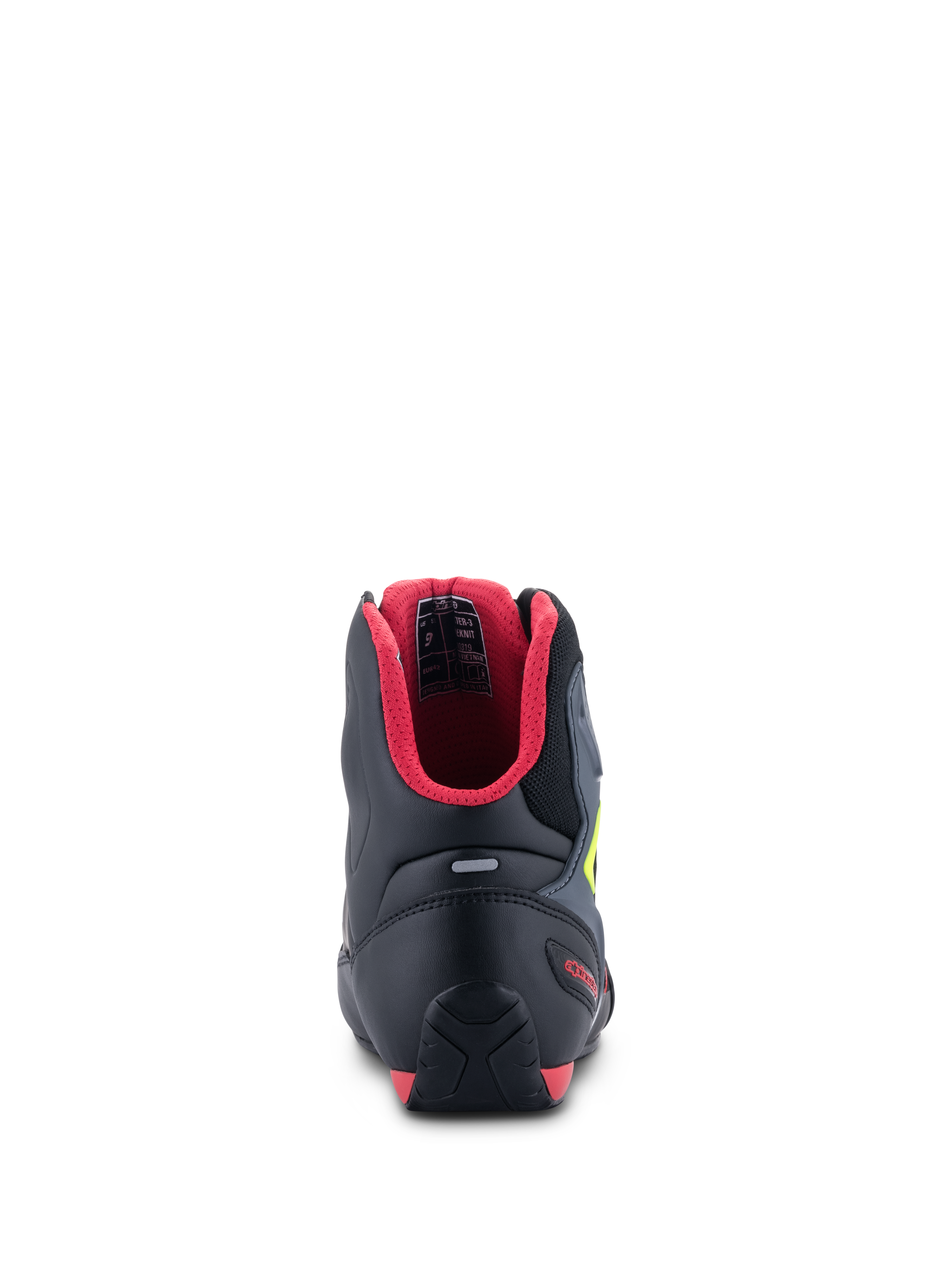 Alpinestars Faster-3 Rideknit® skor, vy bakifrån, svarta med rött innerfoder och neongula detaljer, har TPR-hälkappa och reflexremsa, högpresterande motorcykelskor