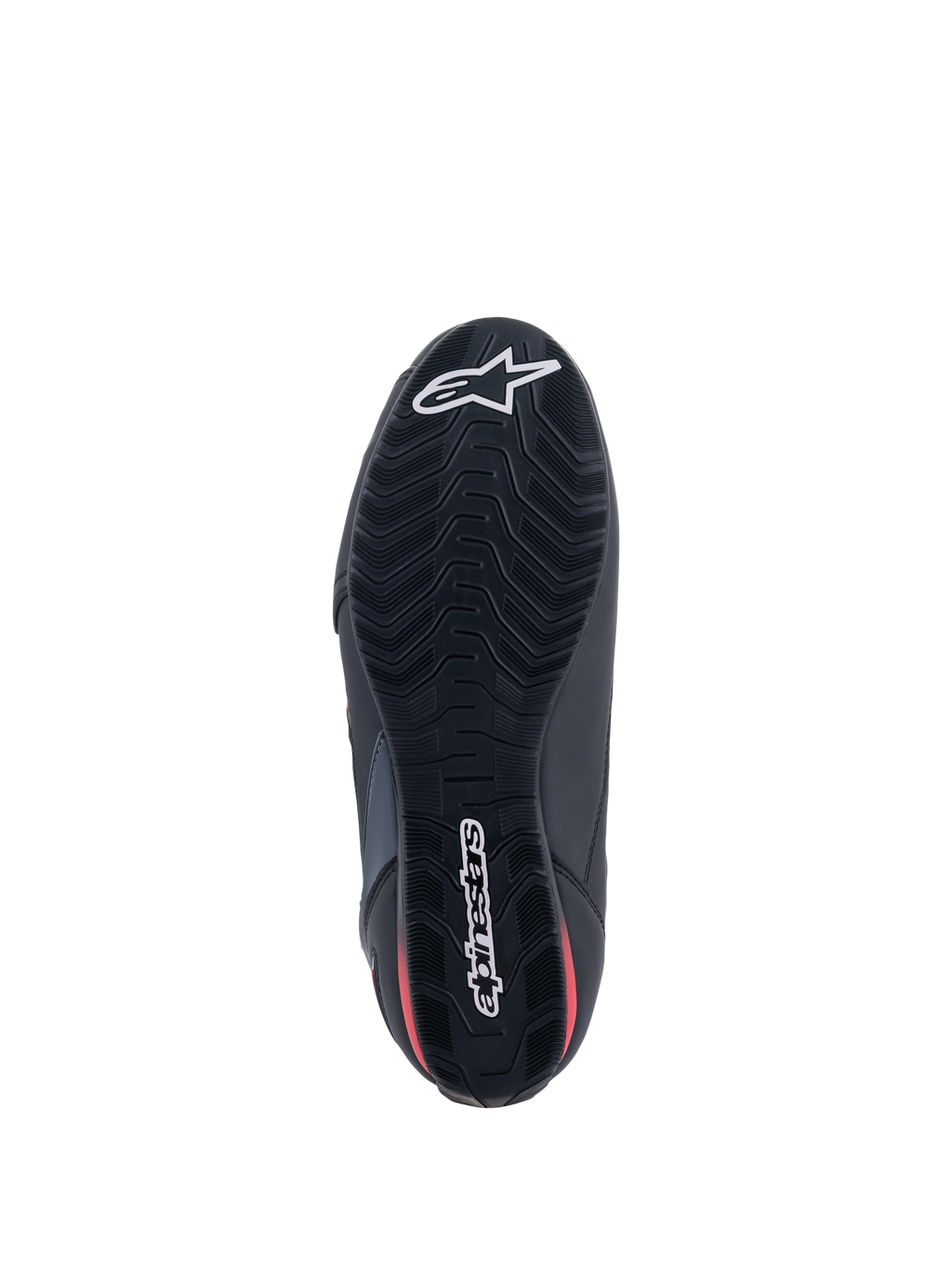 Alpinestars Faster-3 Rideknit® skor, vy underifrån, svart sula med röda detaljer, mönstrat greppmönster för bra fäste, vit Alpinestars-stjärnlogotyp på tån och ordmärke på hälen, lätta motorcykelskor