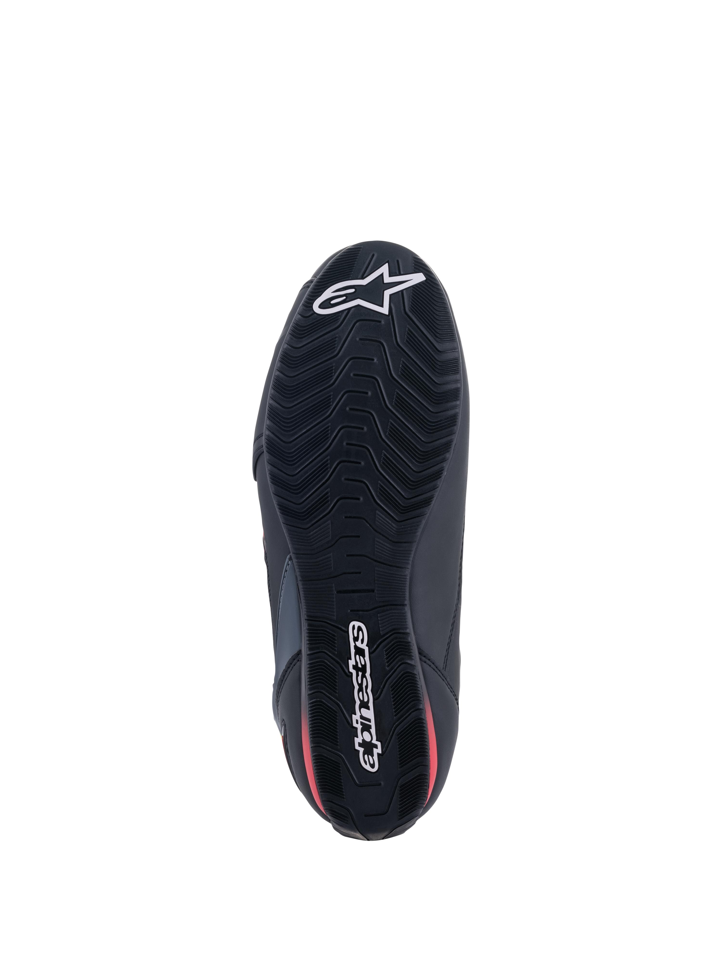 Alpinestars Faster-3 Rideknit® skor, vy underifrån, svart sula med röda detaljer, mönstrat greppmönster för bra fäste, vit Alpinestars-stjärnlogotyp på tån och ordmärke på hälen, lätta motorcykelskor