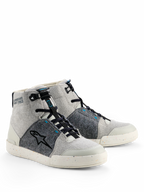 Alpinestars Circal Riding Shoes, Urban Motorcycle Footwear, Gray Black and Methyl Blue, high-top sneaker style with light gray canvas and dark gray recycled felt panels, black star logo, and a speckled rubber sole.