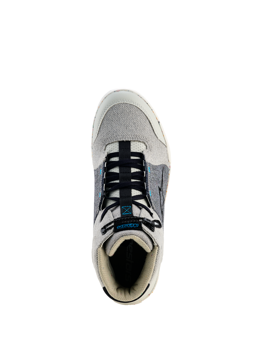 Alpinestars Circal Riding Shoes, Urban Motorcycle Shoes, Gray Black and Methyl Blue, top-down view showing black elasticated laces, light gray canvas toe box and collar, dark gray side panels with blue accents, protective and sustainable urban riding footwear