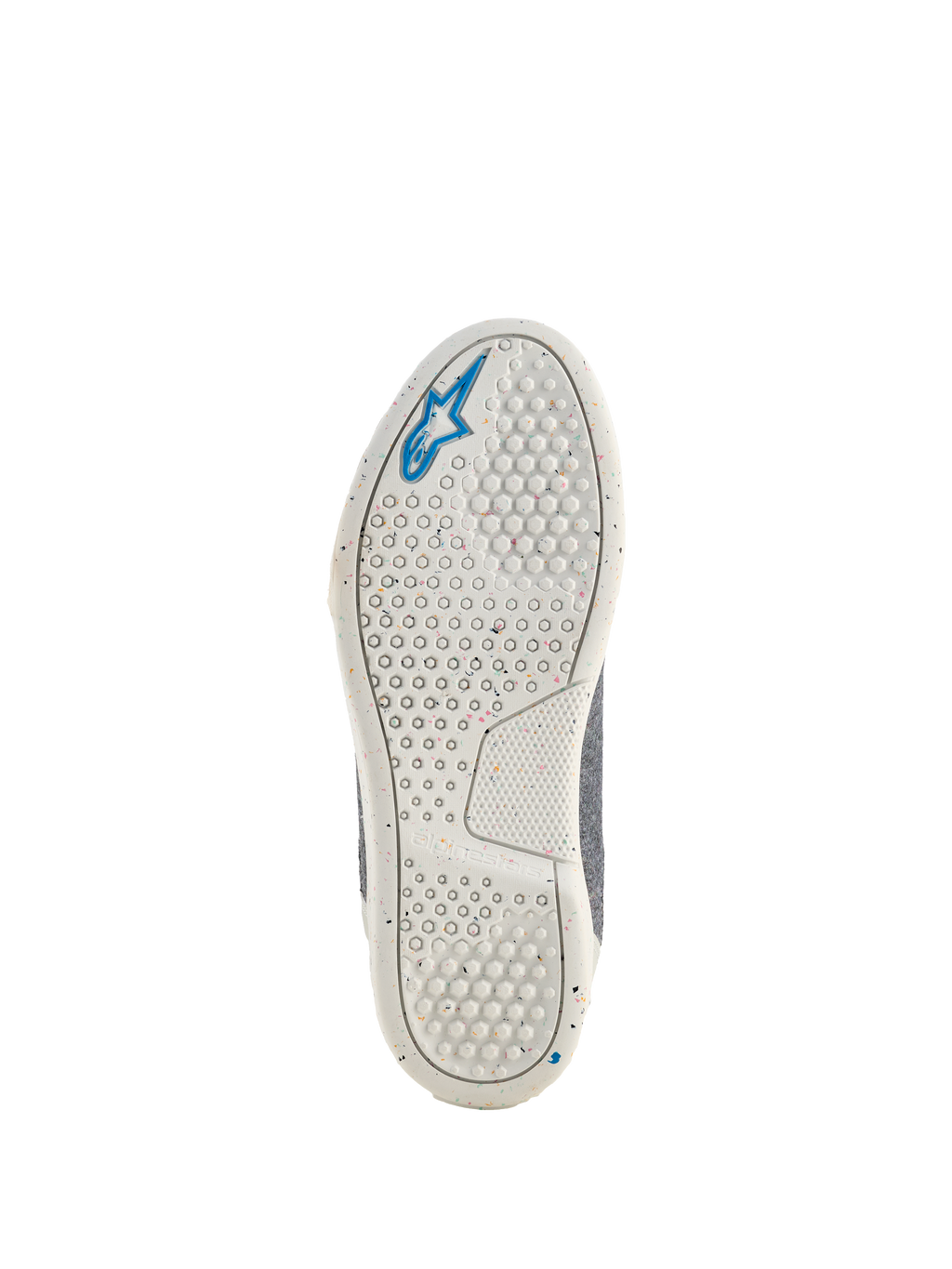 Alpinestars Circal Riding Shoes, outsole view, off-white recycled rubber sole with colorful speckles, hexagon grip pattern for traction, blue Alpinestars star logo, sustainable motorcycle footwear for urban riding