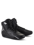 Alpinestars Faster-4 Shoes, Motorcycle Riding Shoes, Black, High-top design with lace closure and hook and loop strap, featuring white and gray logos, sleek microfiber construction for road riding