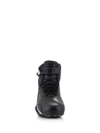 Alpinestars Faster-4 Shoes, Motorcycle Riding Shoes, Black, front view showing traditional lace closure and hook-and-loop strap, advanced microfiber upper with protective reinforcements, sleek and technical road riding footwear