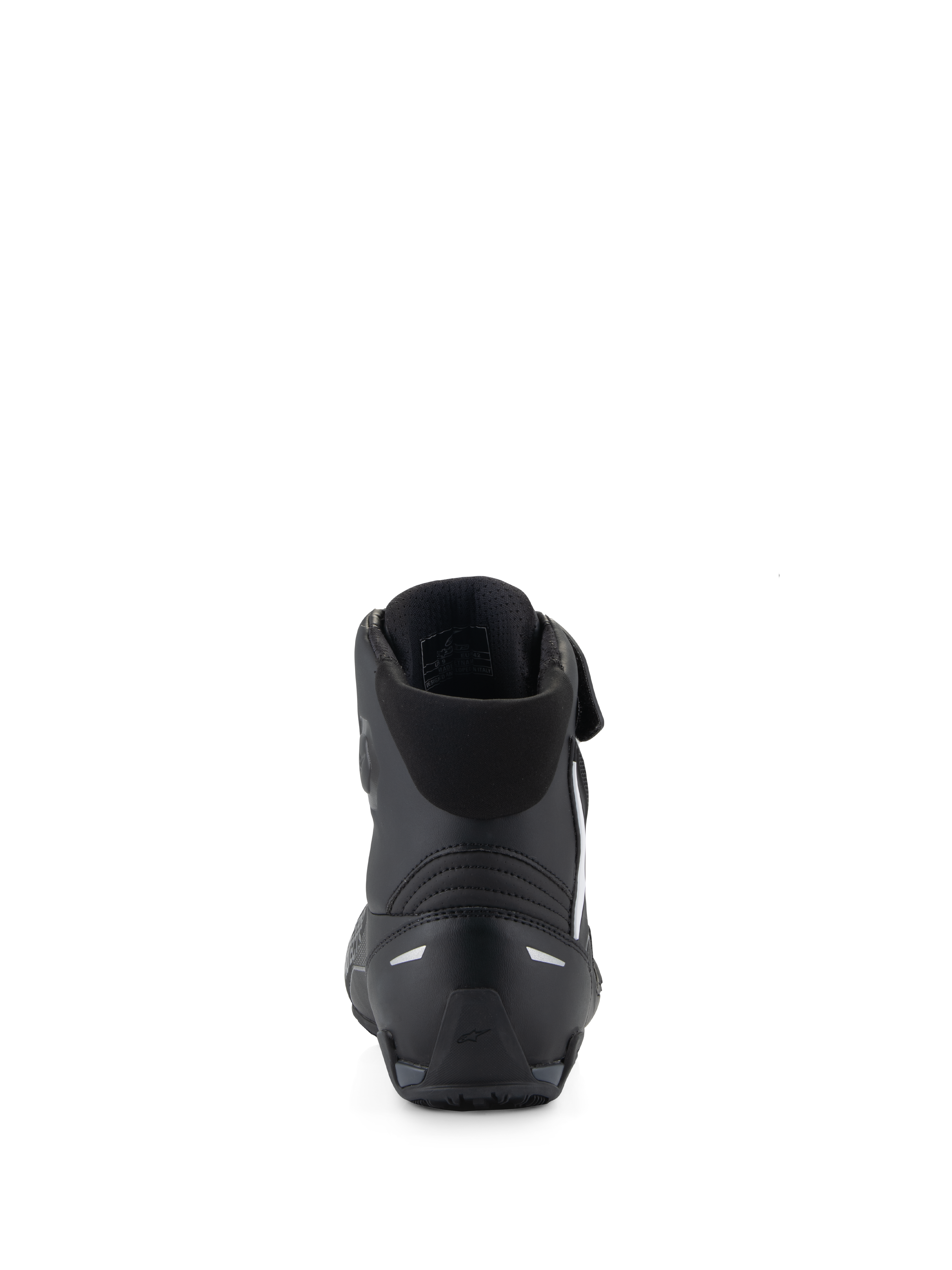 Alpinestars Faster-4 Shoes, Black Motorcycle Riding Shoes, rear view highlighting the TPR heel counter and reflective accents, padded textile collar, performance-driven design for sport road riding.